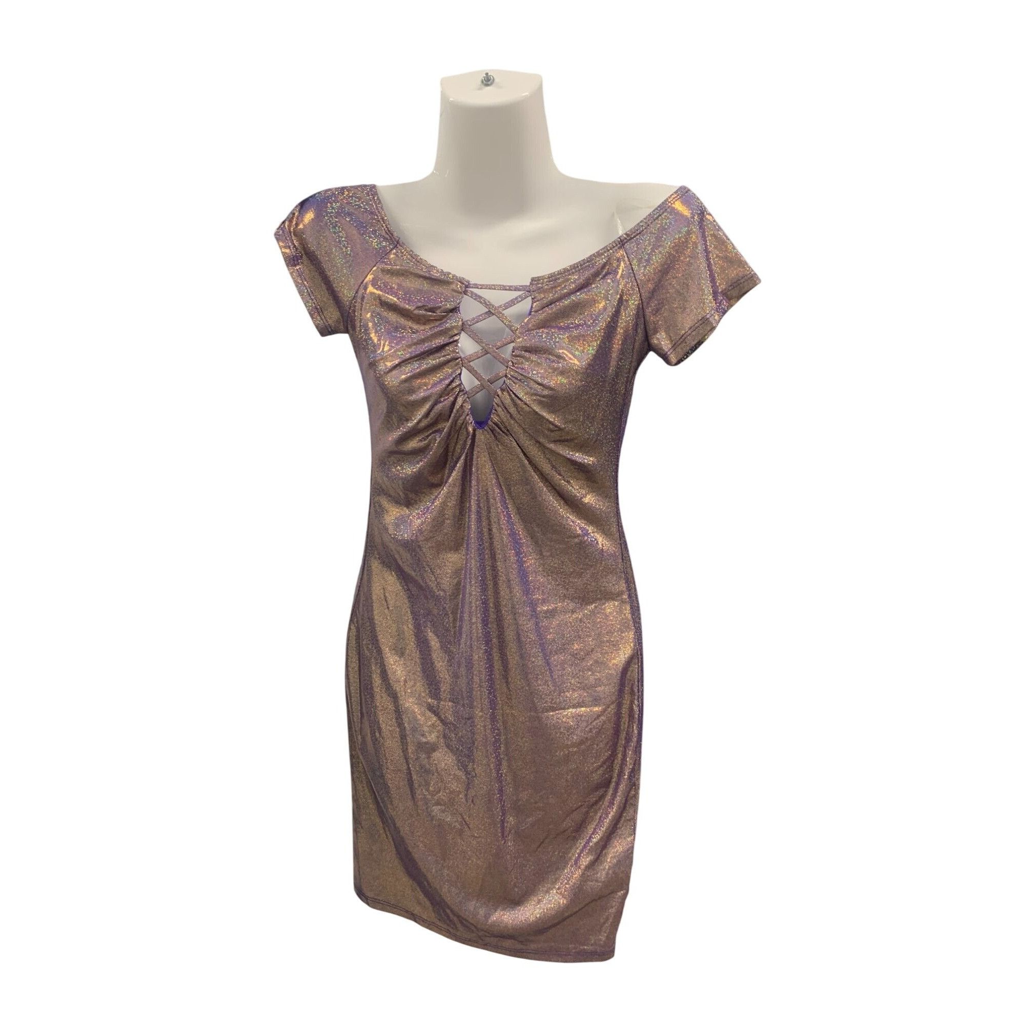The Unbranded Brand Metallic Off-Shoulder Lace-Up Mini Dress S/M/L Black & Purpl Size S / US 4 / IT 40 - 3 Thumbnail
