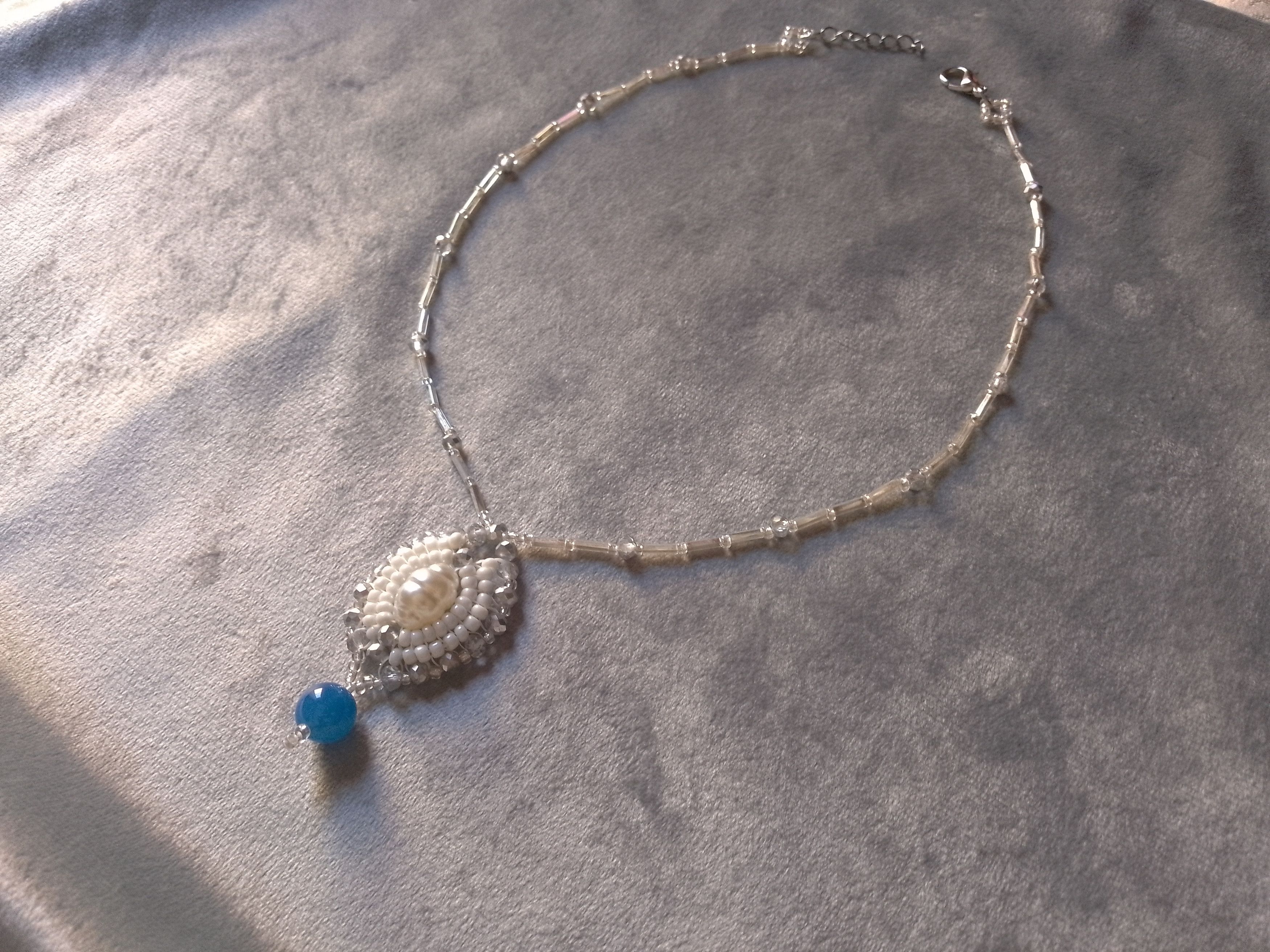 Handmade Charm Necklace Elegant Blue Agate gemstone faux pearl Size ONE SIZE - 6 Thumbnail
