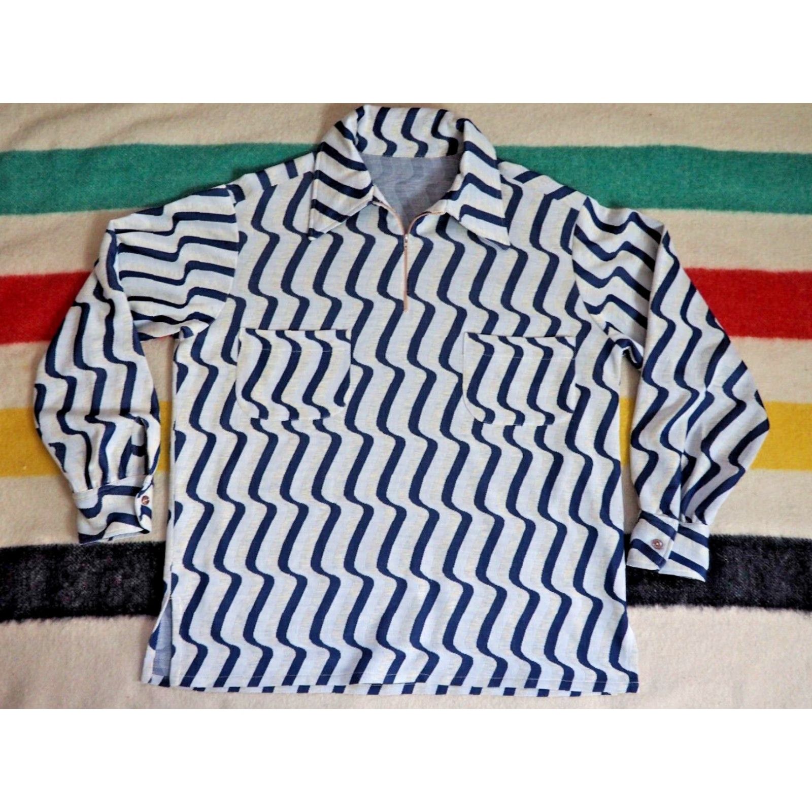 Vintage VTG 60s 70s Hippy Disco Blue Gray 1/4 Zip Pocket Psychedelic Art Jacket Mens L Size US L / EU 52-54 / 3 - 2 Thumbnail