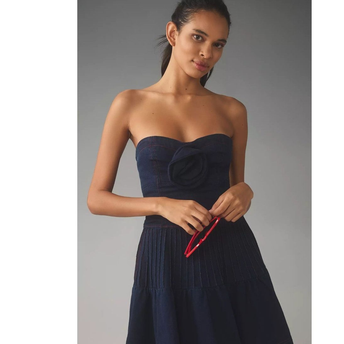 Anthropologie NWT Maeve Rosette Strapless Fit & Flare Denim Mini Dress Size XS / US 0-2 / IT 36-38 - 3 Thumbnail