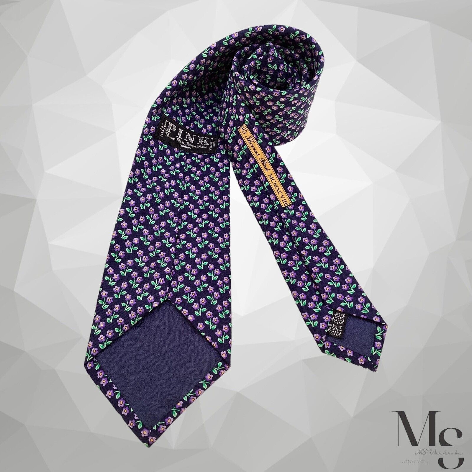 Thomas Pink THOMAS PINK MCMXCVIII Blue Purple Floral Silk Tie England Size ONE SIZE - 2 Thumbnail