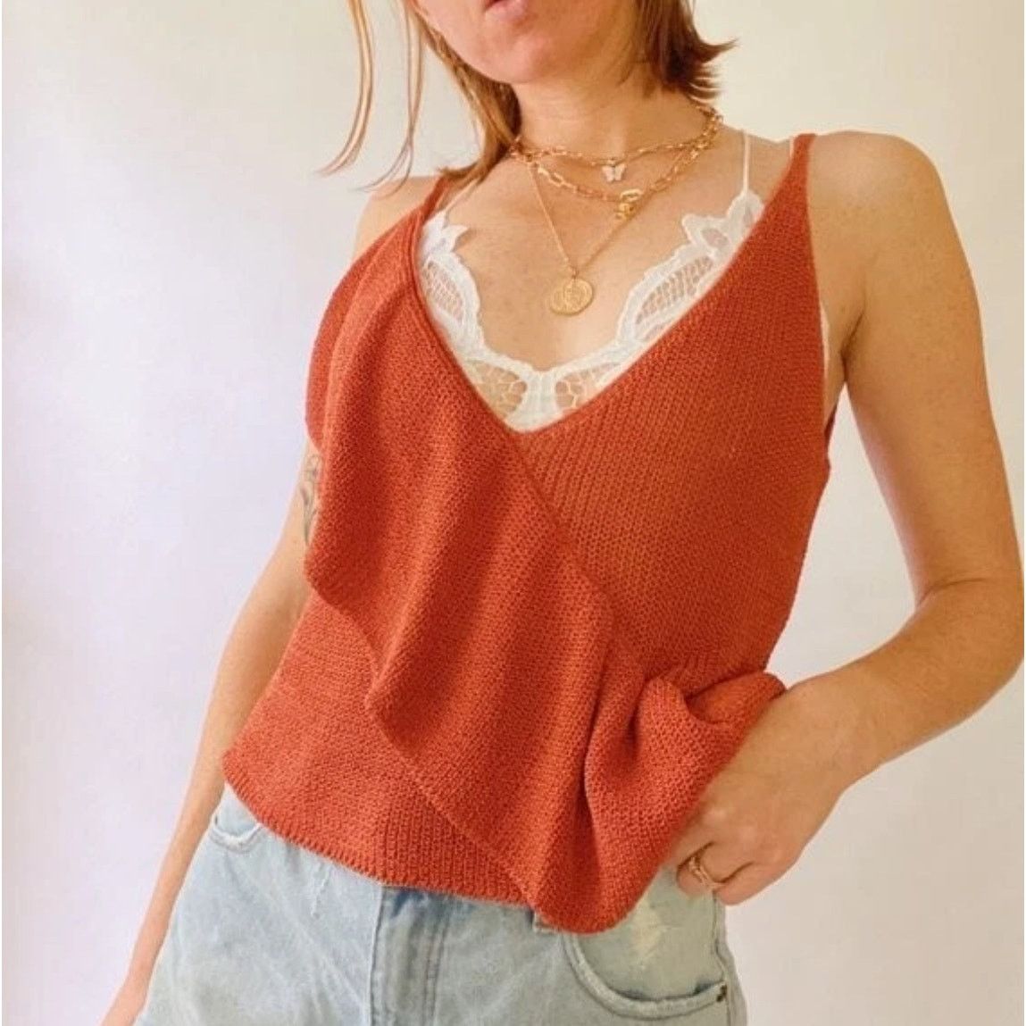 Zara Zara Rust Orange Knit Ruffle Tank Top Western Flowy S Size S / US 4 / IT 40 - 1 Thumbnail