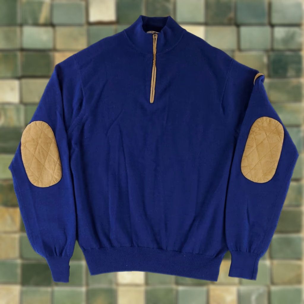 Peter Millar Peter Millar 100% Merino Wool 1/4 Zip Sweater Pullover Elbow Patches Blue Mens L Size US L / EU 52-54 / 3 - 1 Thumbnail