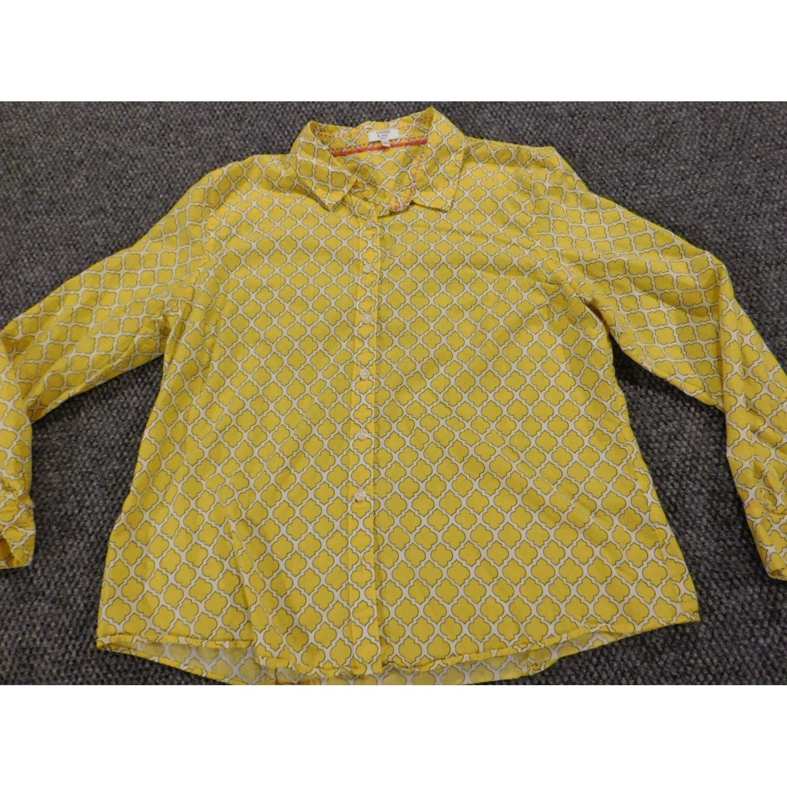 Vintage Crown & Ivy Womens Button-Up Blouse PXL Petites Yellow Floral Knit 100% Cotton Button Front Long Sleeve Collared Casual Regular Mens/Womens Size XL / US 12-14 / IT 48-50 - 2 Thumbnail