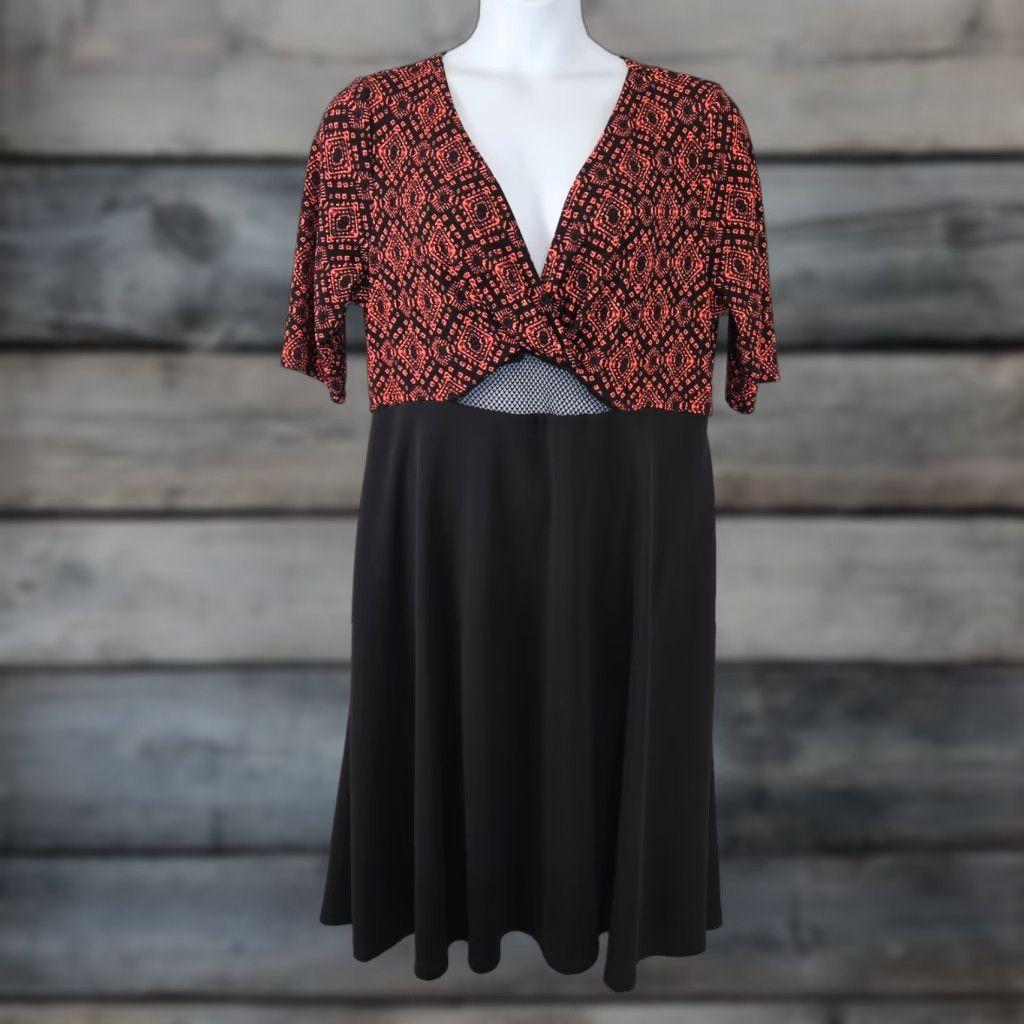 Vintage Kiyonna Womens Dress 2X Black Orange V-Neck Half Sleeves Midi A-Line Pullover Vintage: No (but avoid adding extra) Size XXL / US 16-18 / IT 52-54 - 1 Thumbnail