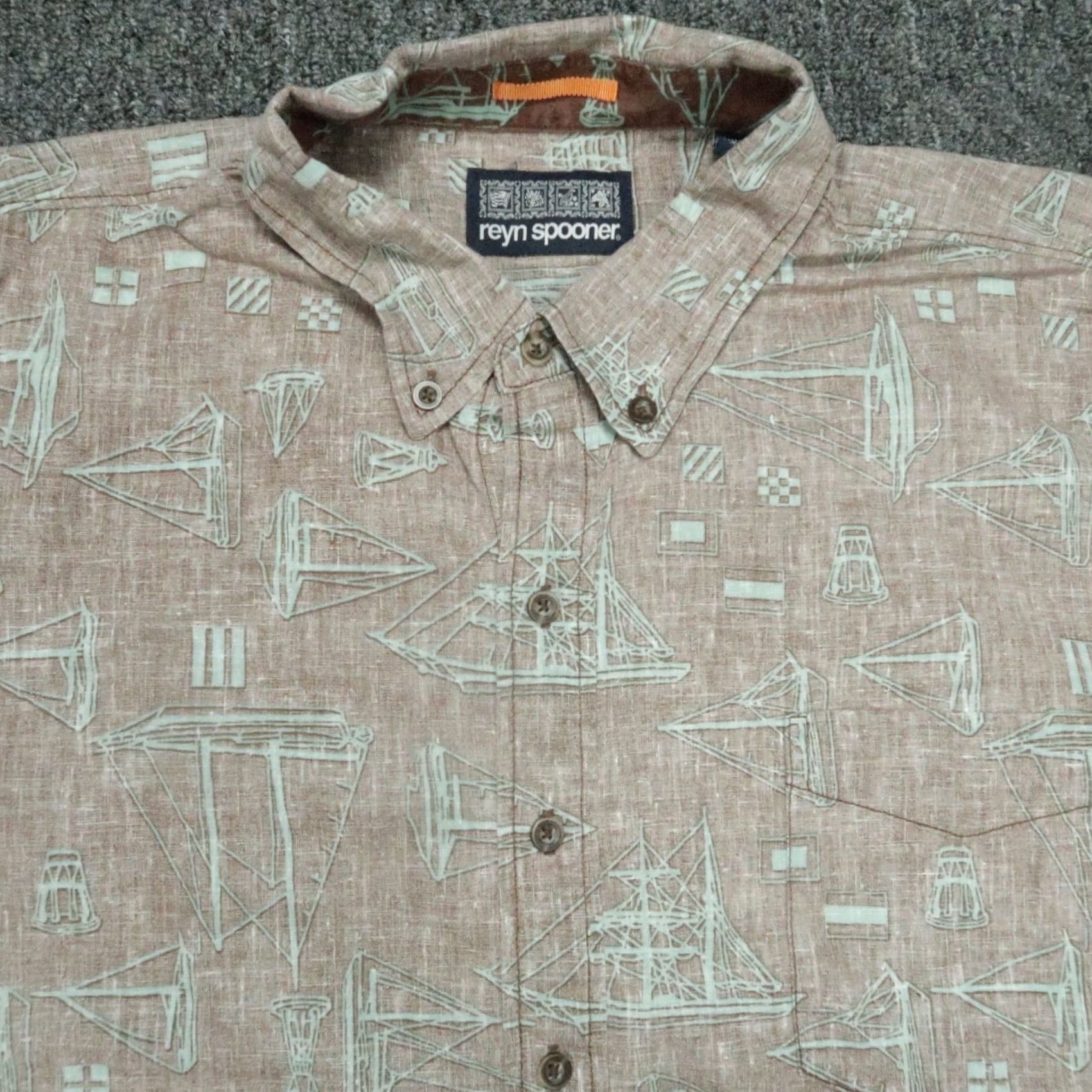 Reyn Spooner VINTAGE Reyn Spooner Shirt Mens 2XL Brown Hawaiian Inside Out Linen Cotton Sailing Geometric Short Sleeve Button-Up Collared All Seasons Lightweight Size US XXL / EU 58 / 5 - 2 Thumbnail