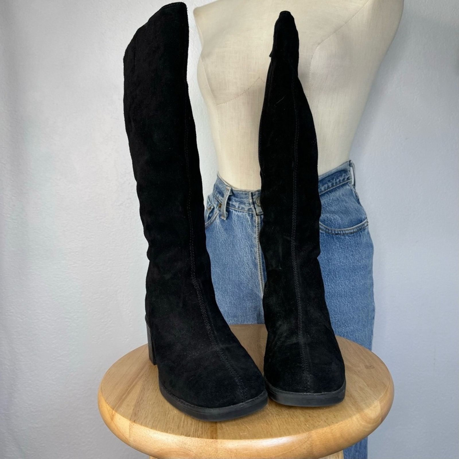 Vintage Bernardo Black Suede Knee High Boots Y2K Block Heel 6 1/2 Size US 6.5 / IT 36.5 - 6 Thumbnail