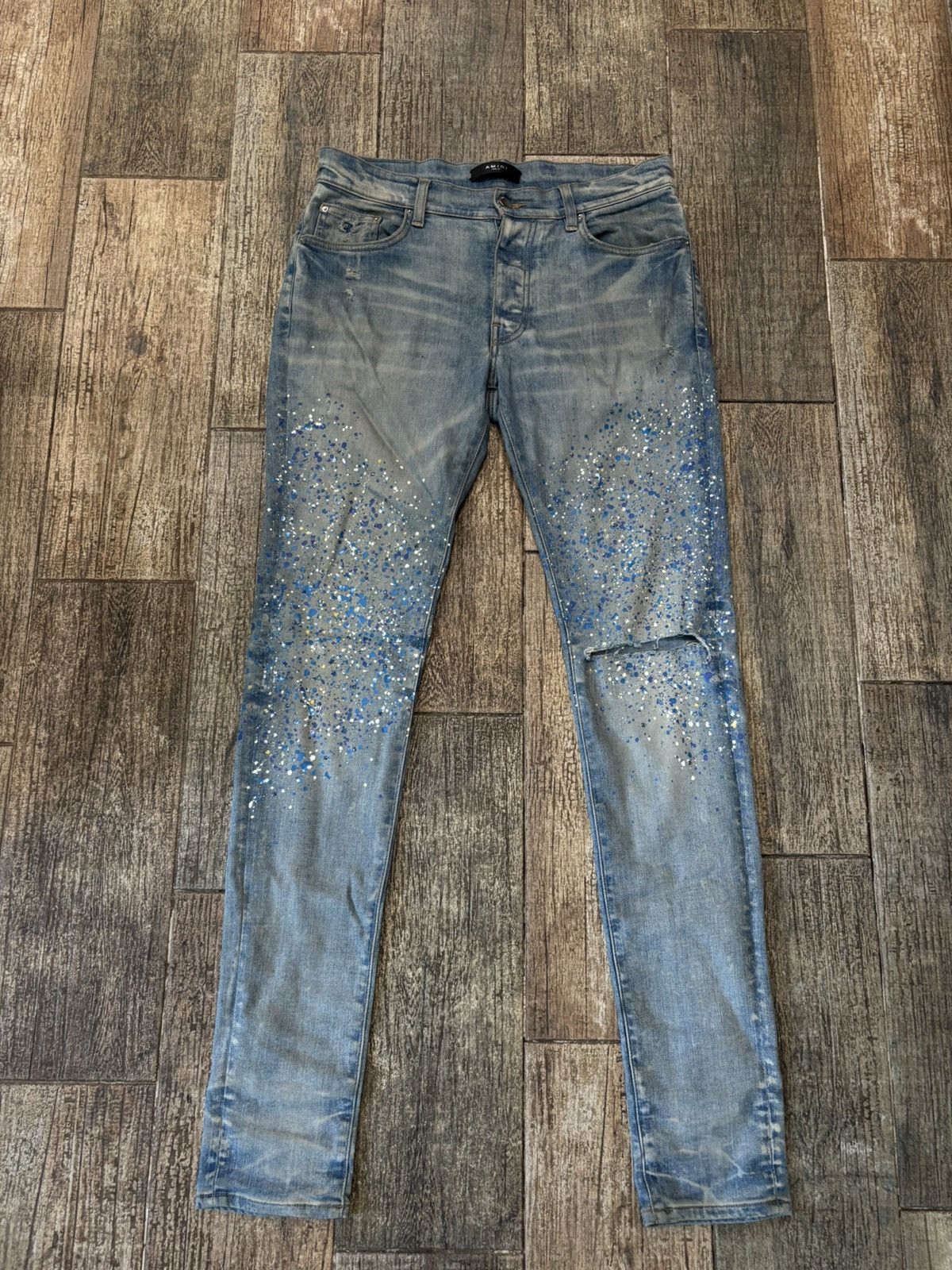 Amiri Lightwash Rhinestone Paint Splatter Distressed Jeans Size US 31 - 1 Thumbnail