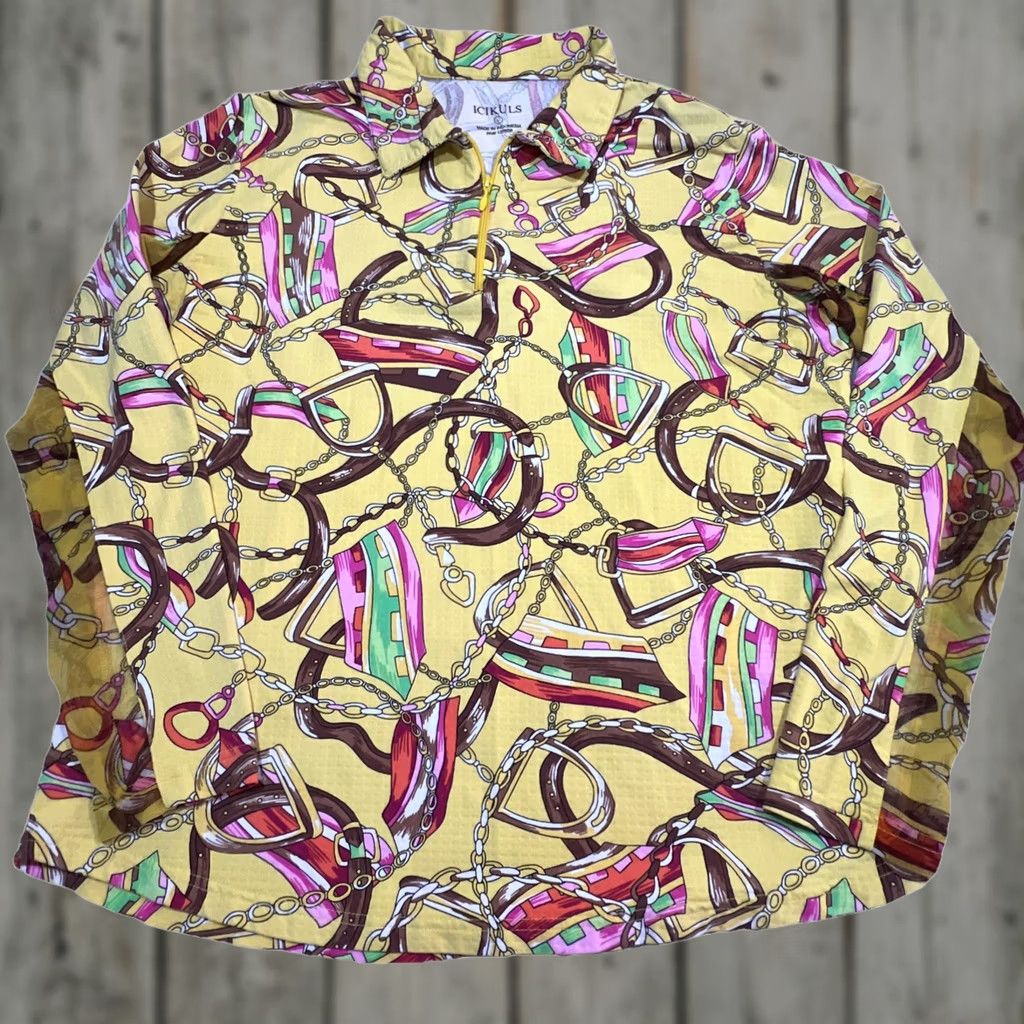 Vintage Icikuls Shirt Womens Large Yellow Quarter Zip Equestrian Horse Western Vented Size L / US 10 / IT 46 - 1 Thumbnail
