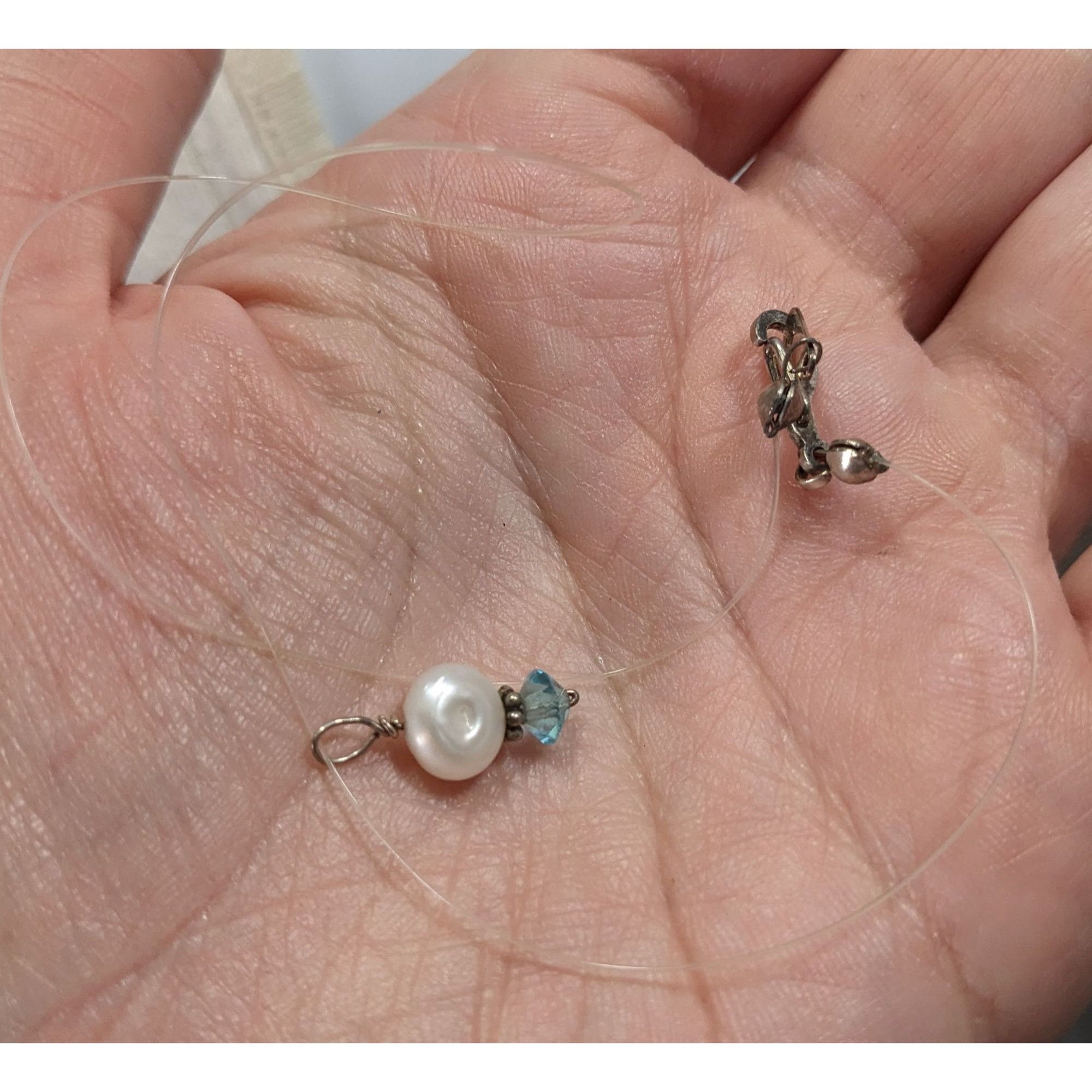 Other Dainty Pearl & Blue Crystal Pendant On Clear Wire Necklace W Size ONE SIZE - 3 Thumbnail