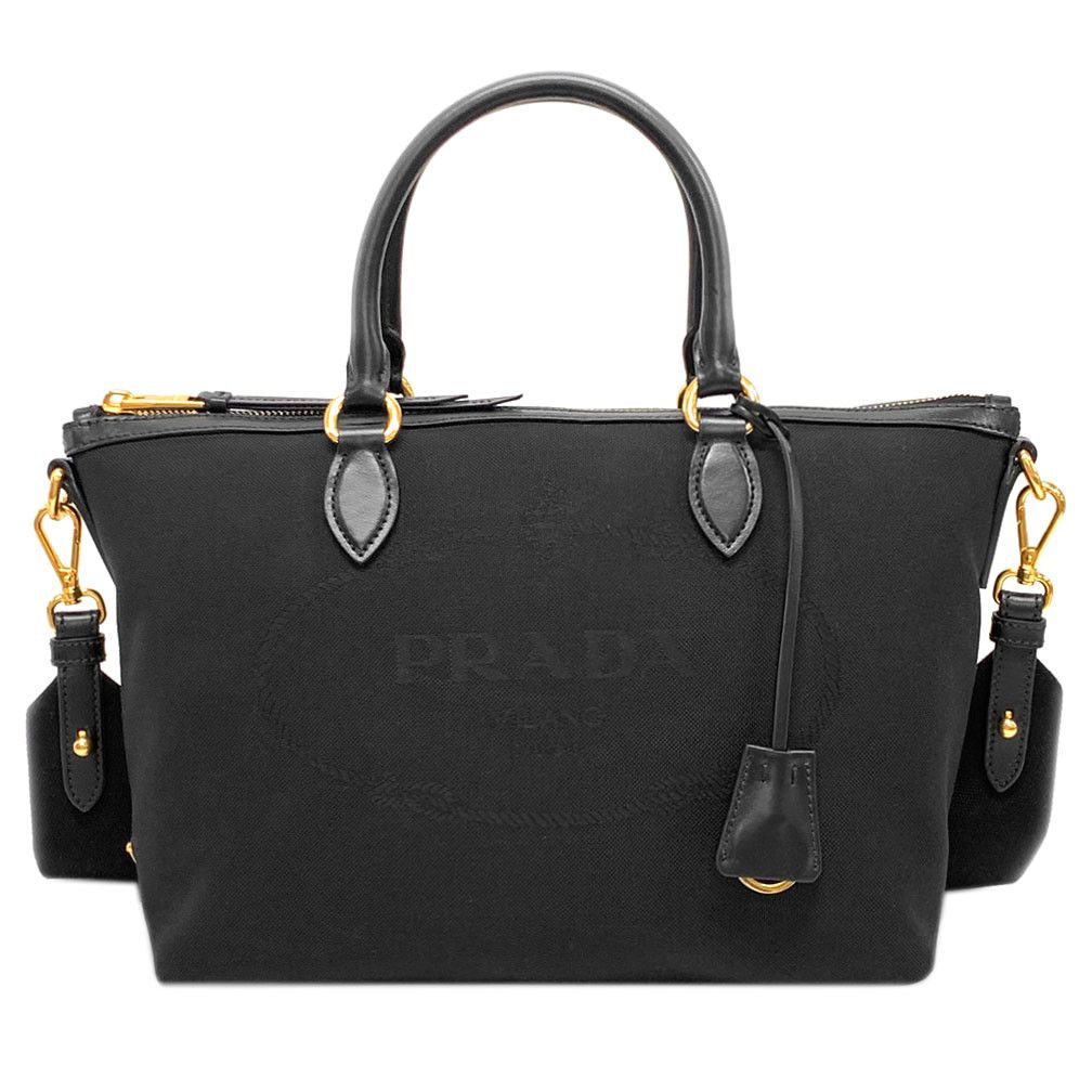image of Prada Borsa A Mano Logo Jacquard Nero 2 Way Handbag Leather Black, Women's