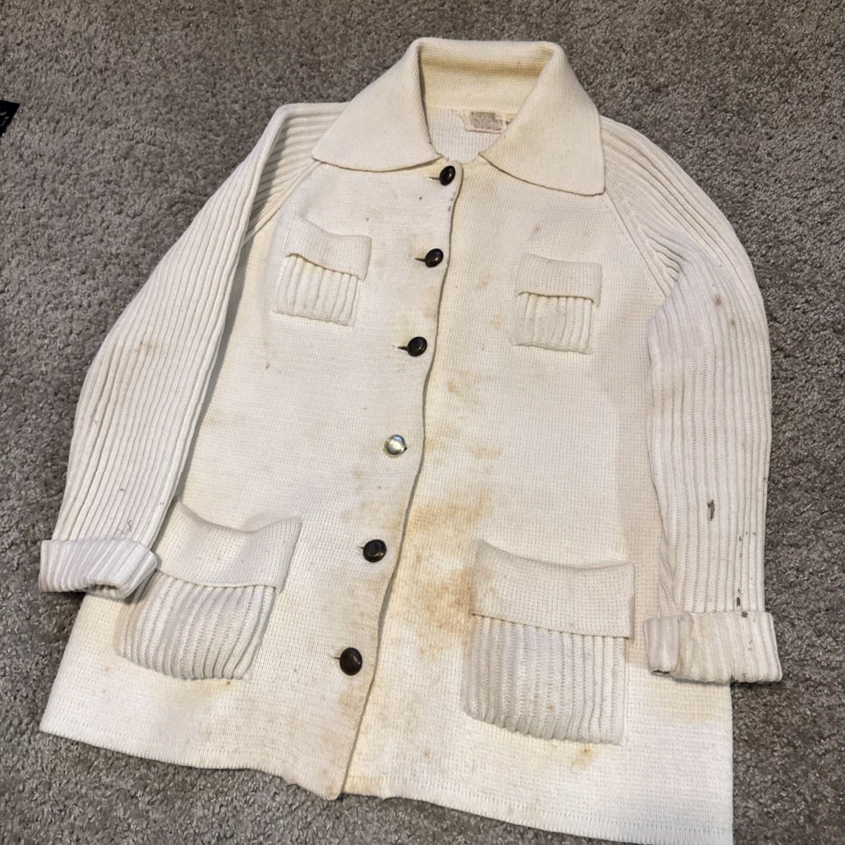 Vintage VINTAGE Montgomery Ward Cardigan Sweater Men's 42 White 4-Pocket Acrylic Knit Stripes Stains Size US XL / EU 56 / 4 - 5 Thumbnail
