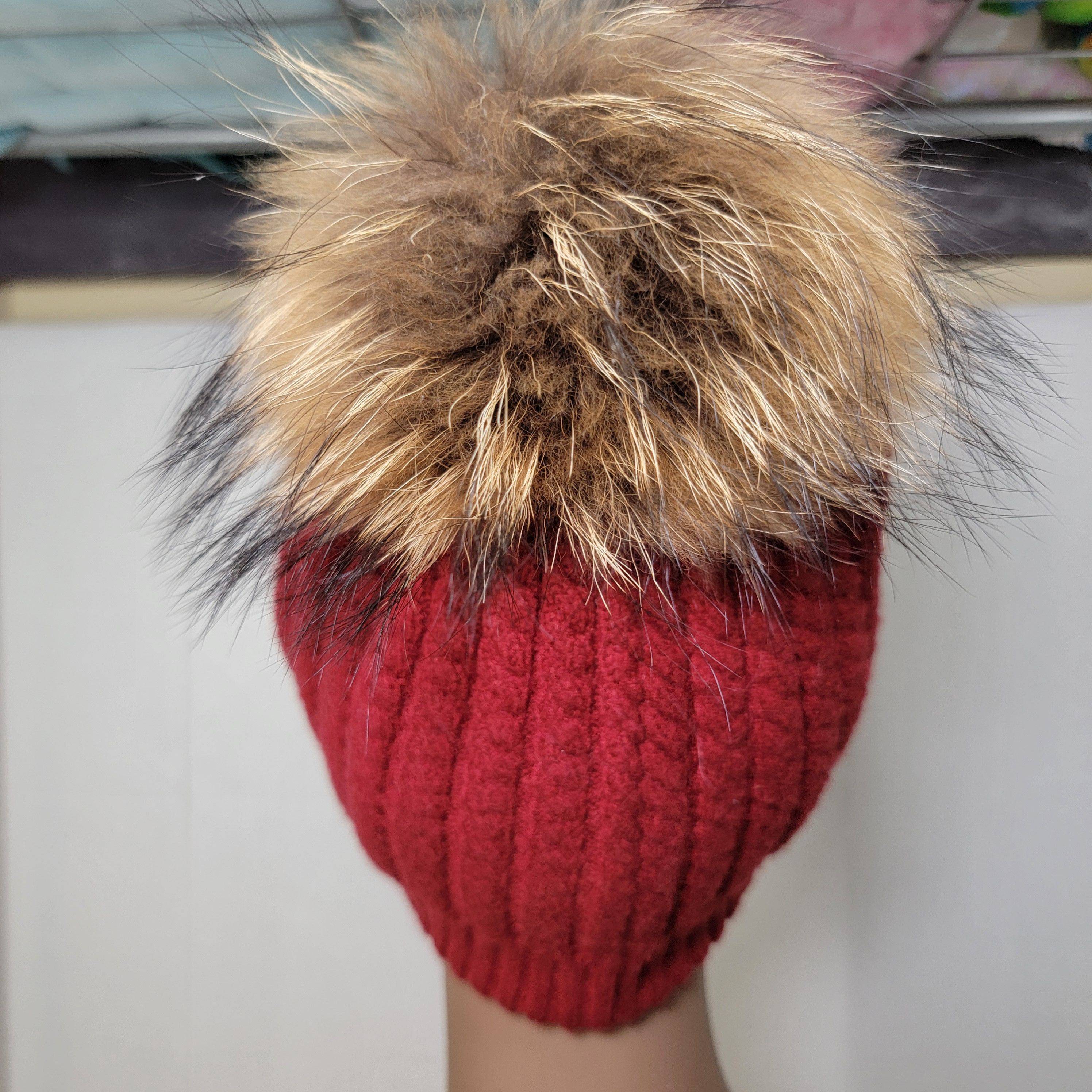 Other Furtalk Knit Maroon Beanie w/ Faux Fur Pom Pom Size ONE SIZE - 5 Thumbnail