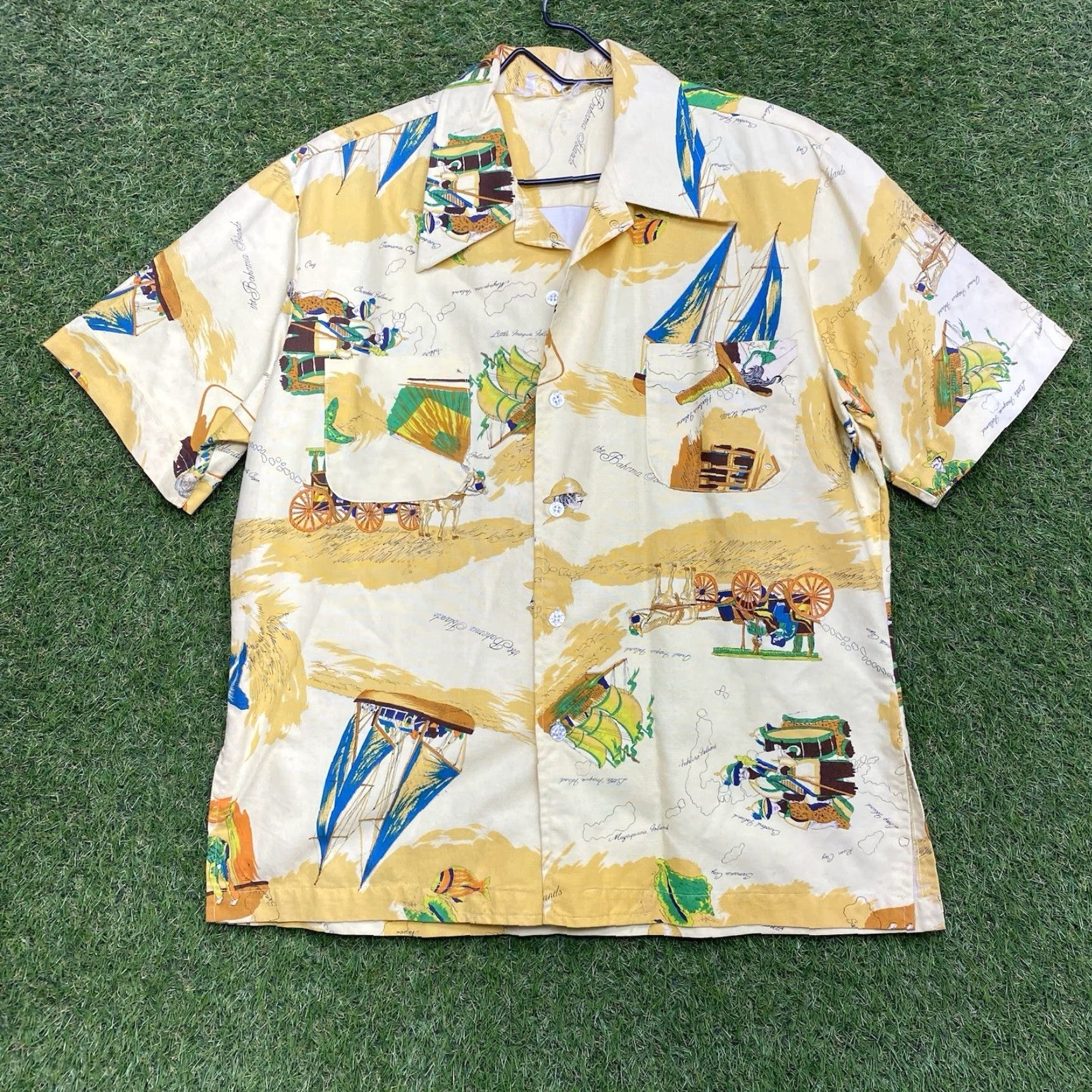 Vintage VINTAGE The Island Shop Hawaiian Shirt Mens Large Short Sleeve Yellow Seashell Sailboat Map Aloha 1970s Beach Size US L / EU 52-54 / 3 - 2 Thumbnail