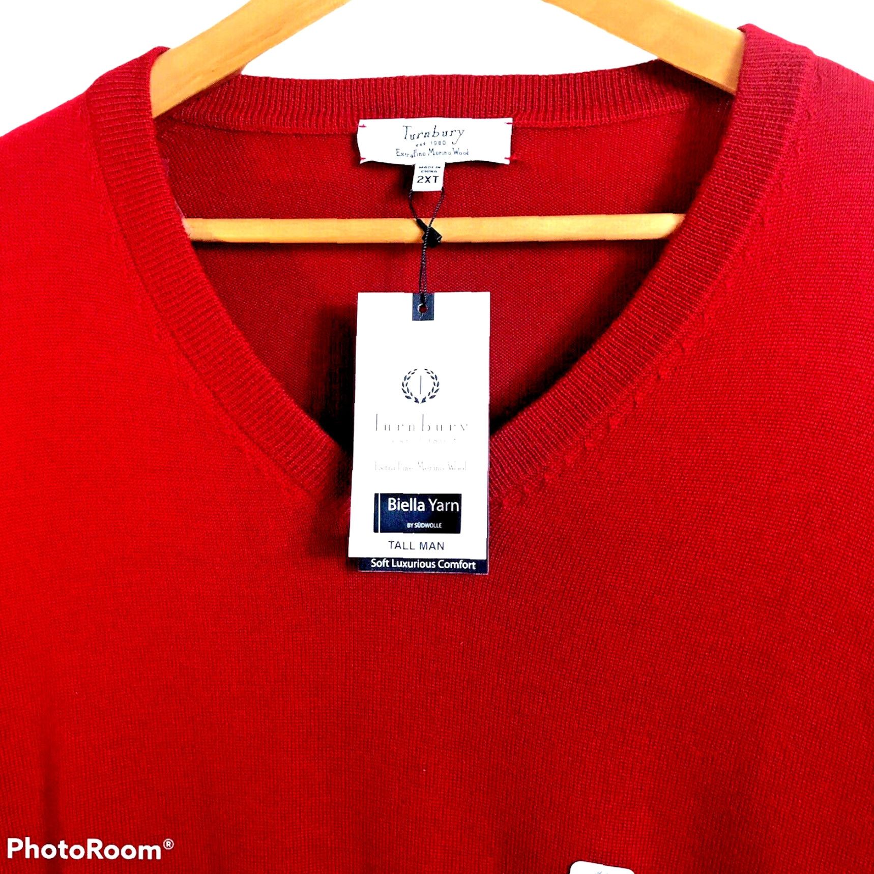 Vintage Turnbury Sweater Mens 2XT 2XLT Big & Tall V-Neck Red Merino Wool Biella Yarn Pullover Size US XXL / EU 58 / 5 - 2 Thumbnail