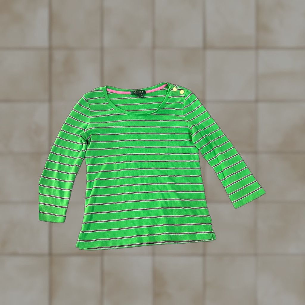 Ralph Lauren Lauren Ralph Lauren Blouse M Green Striped Cotton Pullover Button Sleeve Length Long Round Neck Casual Women’s Regular Fit Vintage: No Size M / US 6-8 / IT 42-44 - 1 Thumbnail
