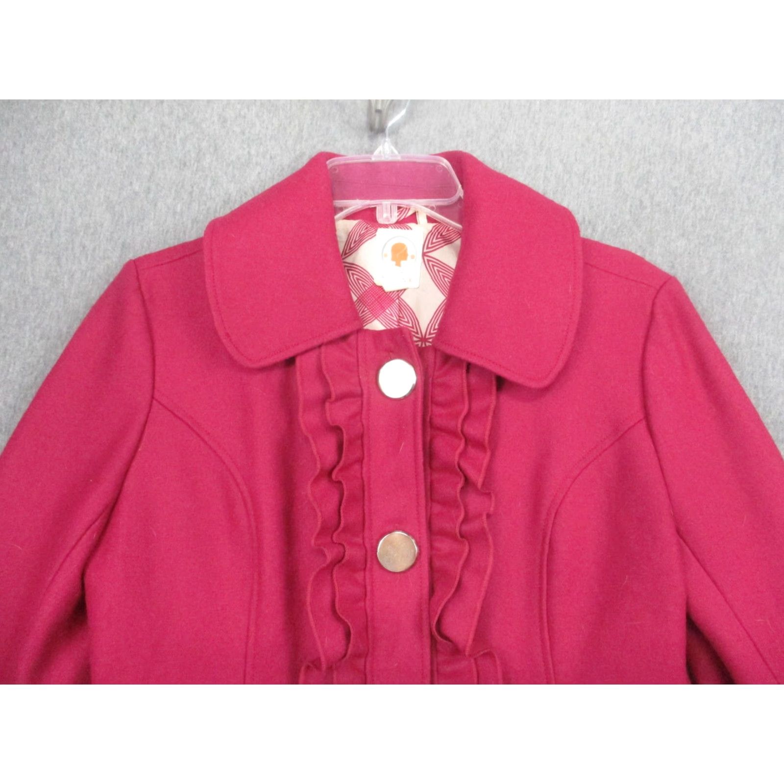 Vintage Tulle Wool Coat Womens L Pink Single-Breasted Mid Length Dressy Overcoat Ruffle Front Button Pocket Collared Lined Size L / US 10 / IT 46 - 2 Thumbnail