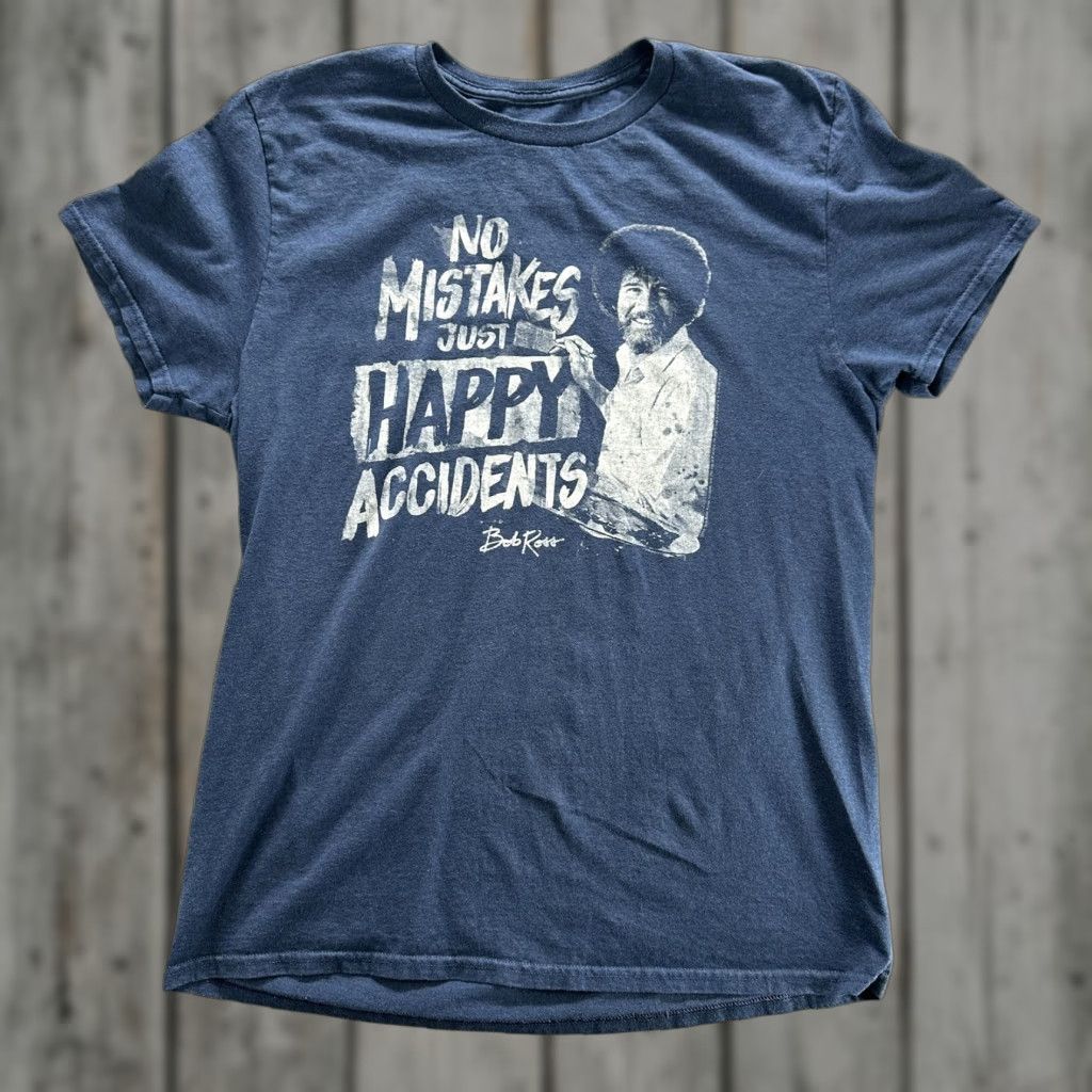 Vintage Bob Ross Shirt Mens Large Navy Blue No Mistakes Happy Accidents Graphic Tee Size US L / EU 52-54 / 3 - 1 Thumbnail