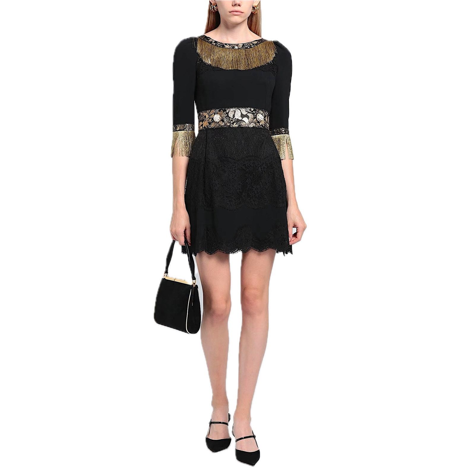 Dolce & Gabbana Dolce & Gabbana Black Gold Fringe Mini Lace dress IT 40 S Size S / US 4 / IT 40 - 2 Thumbnail
