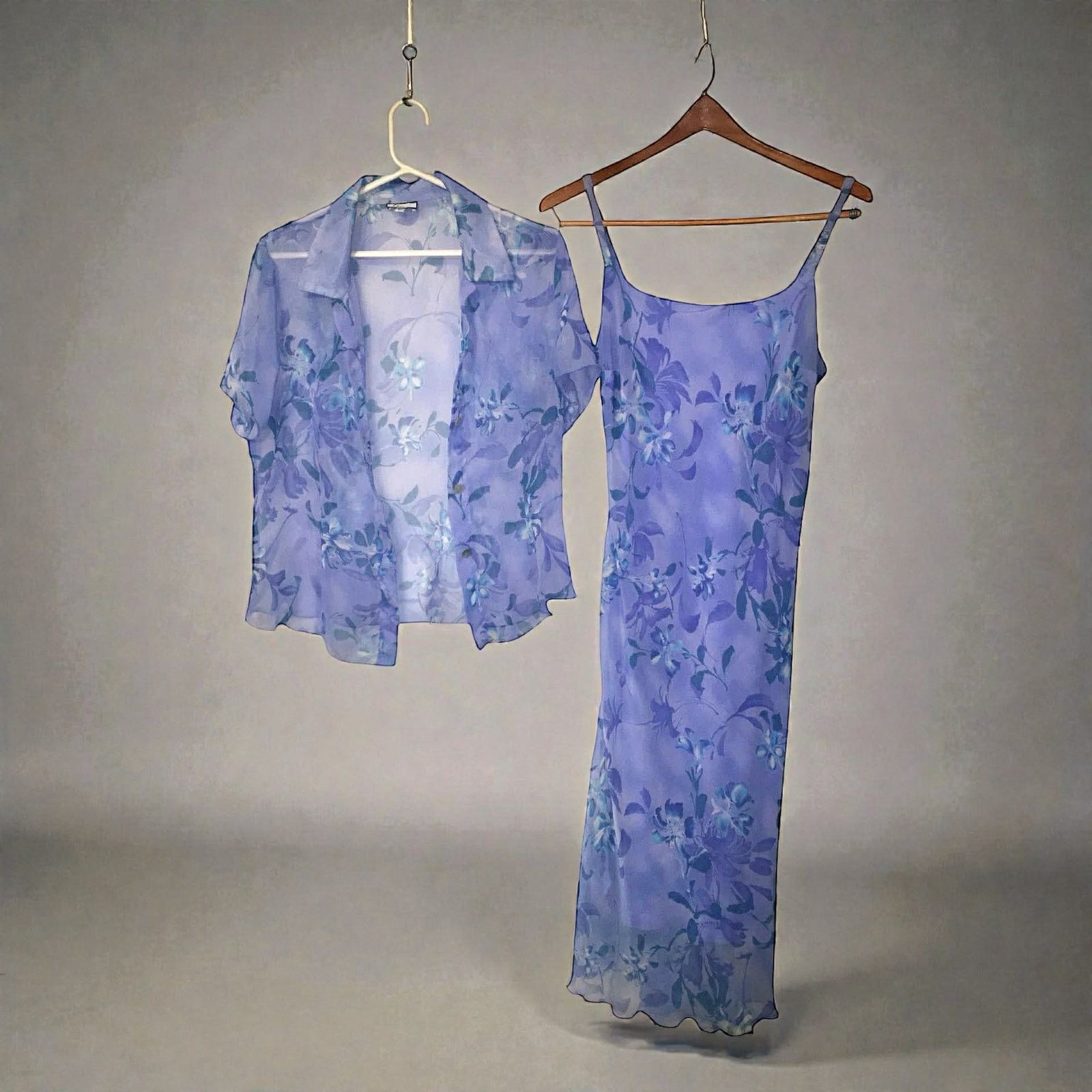 Other Y2K Blue Floral Sheer Maxi Dress Flutter Sleeveless w/ Shawl Size L / US 10 / IT 46 - 5 Thumbnail