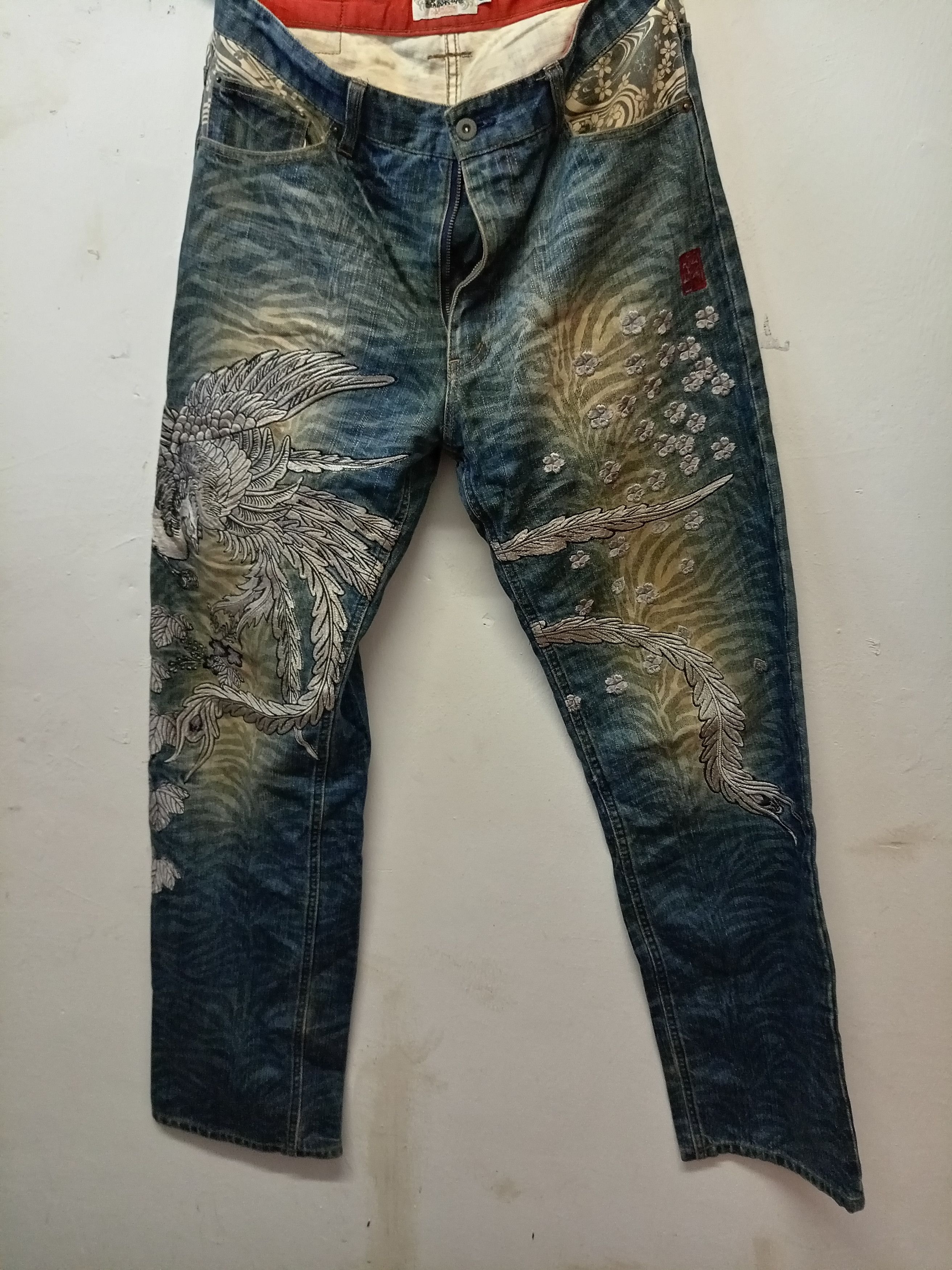 image of Sukajan Souvenir Jacket x Vintage Karakuri Tamashi Embroidery Jeans in Denim, Men's (Size 34)