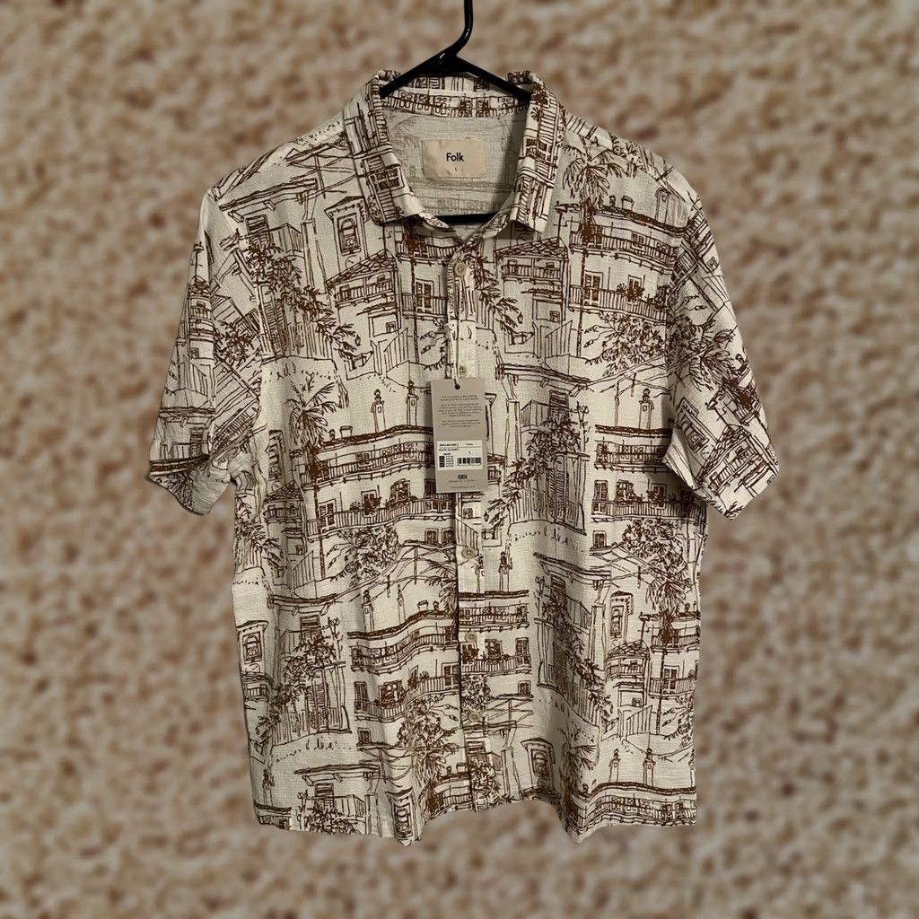 Folk Folk Plate Tan S/S Button-Up Hawaiian Shirt Floral Town Men's L New Size US L / EU 52-54 / 3 - 1 Thumbnail