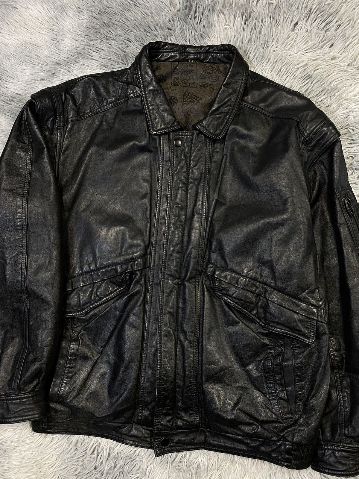 Genuine Leather Vintage Black Leather Bomber Jacket 50 Japanese Brand Size US M / EU 48-50 / 2 - 2 Thumbnail