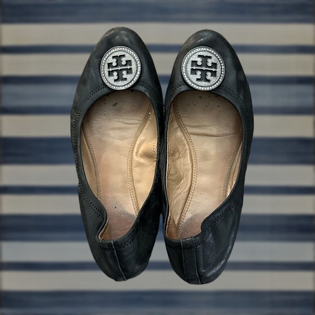 Tory Burch Liana Ballet Flats Womens Size 9.5 Blue Leather Round Toe Logo Rhinestone Slip-On