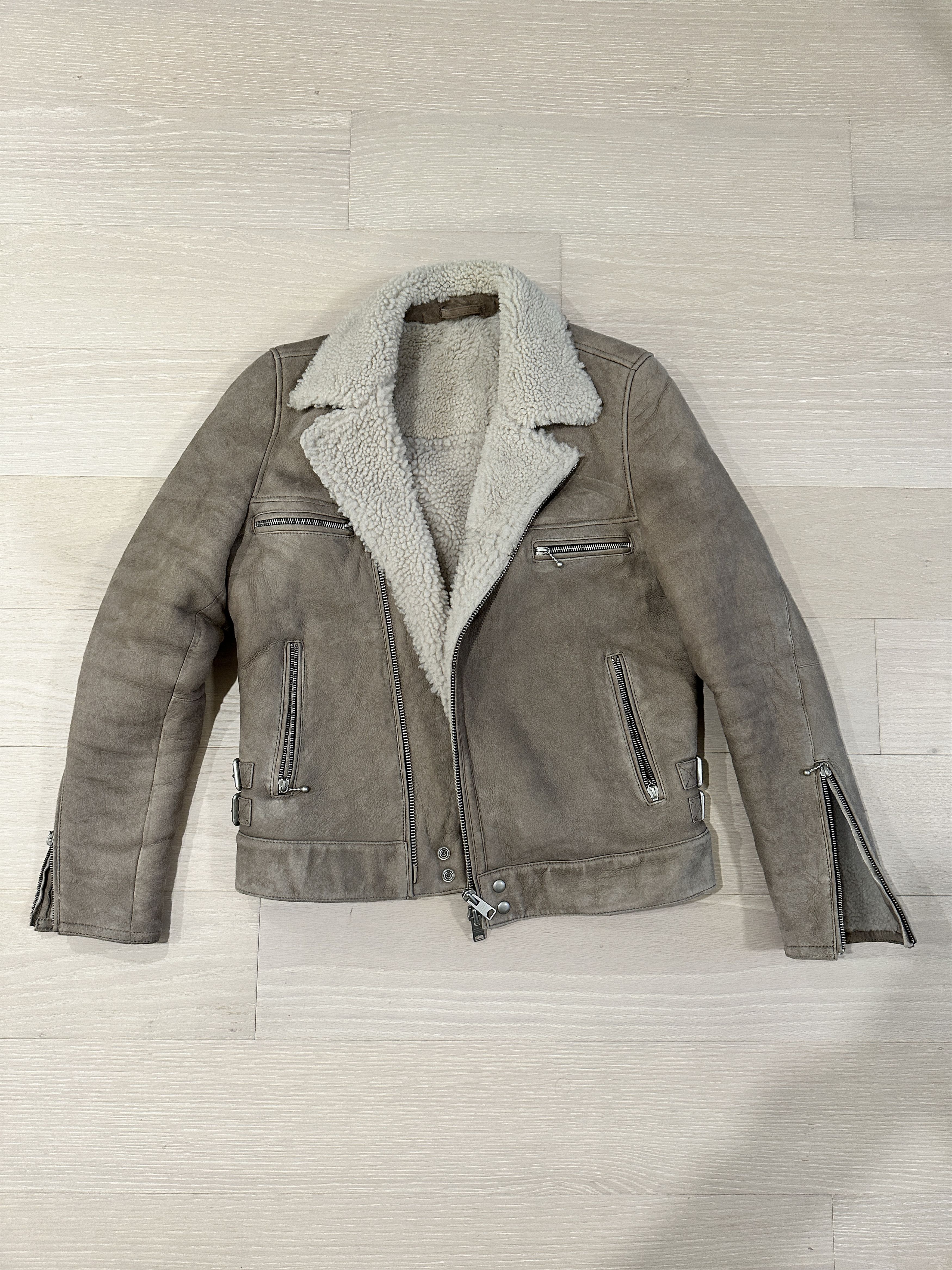 image of Allsaints Suede Shearling Moto Jacket in Grey, Men's (Size Small)