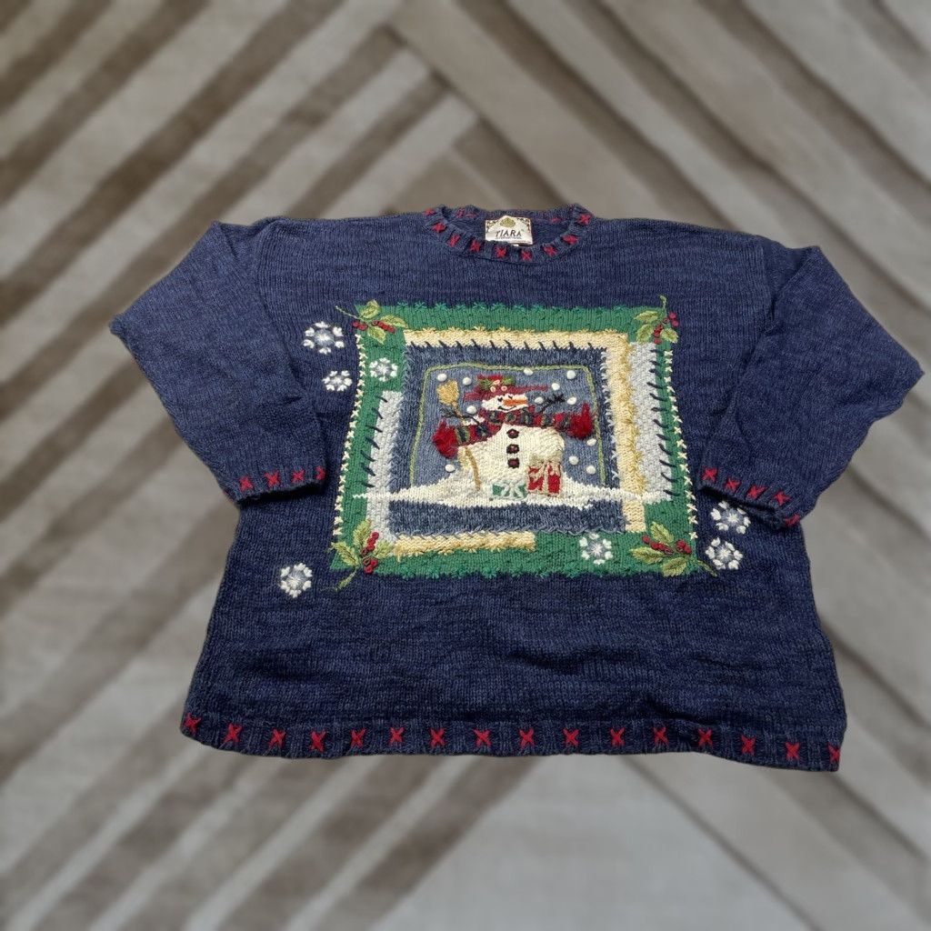 Vintage VINTAGE Tiara International Snowman Christmas Knit Sweater Womens Large L Blue Pullover Christmas Knit Sweater Men? Womens Size L / US 10 / IT 46 - 1 Thumbnail