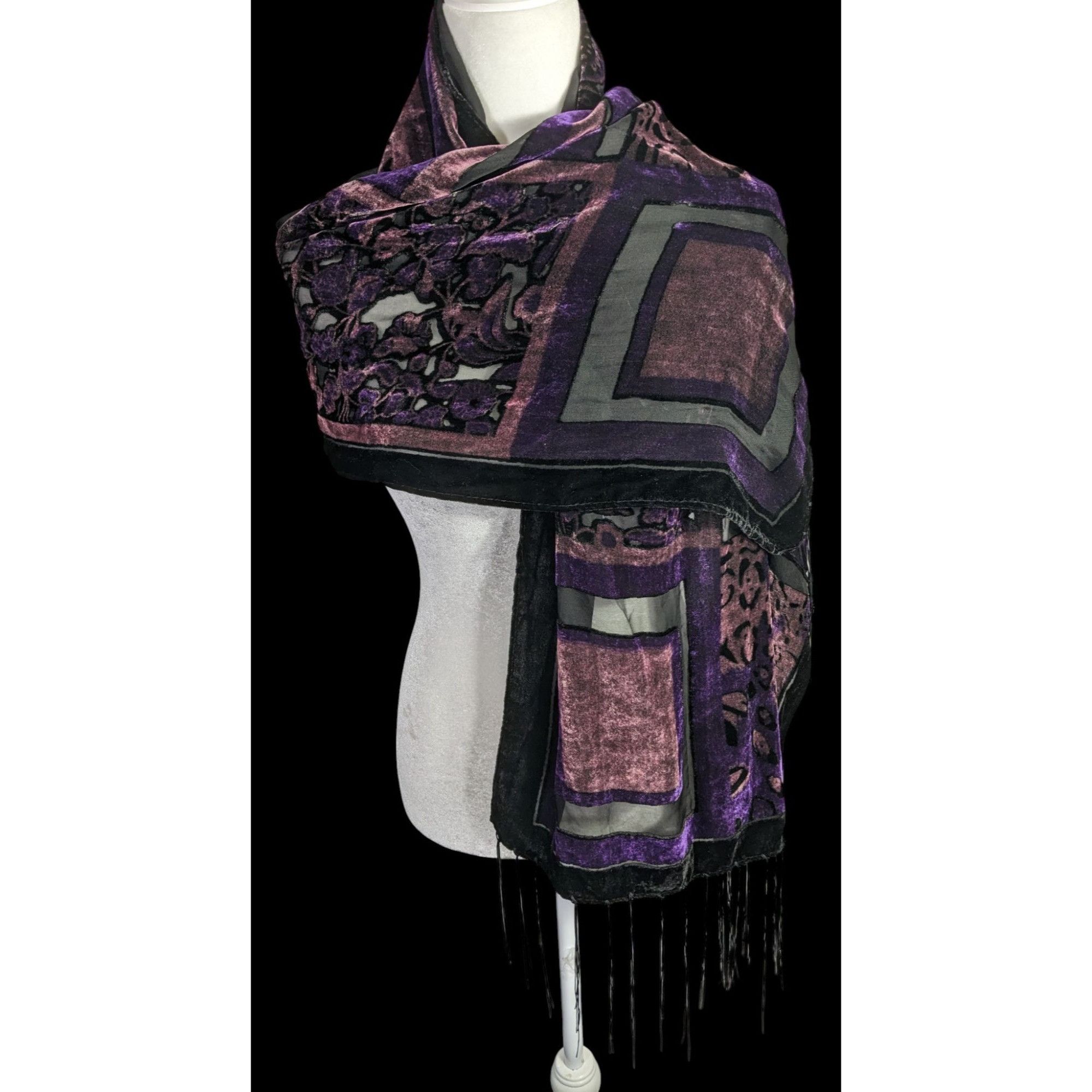 Other Vintage Burnt Velvet Abstract Scarf With Fringe 61"x20" Purp Size ONE SIZE - 1 Thumbnail