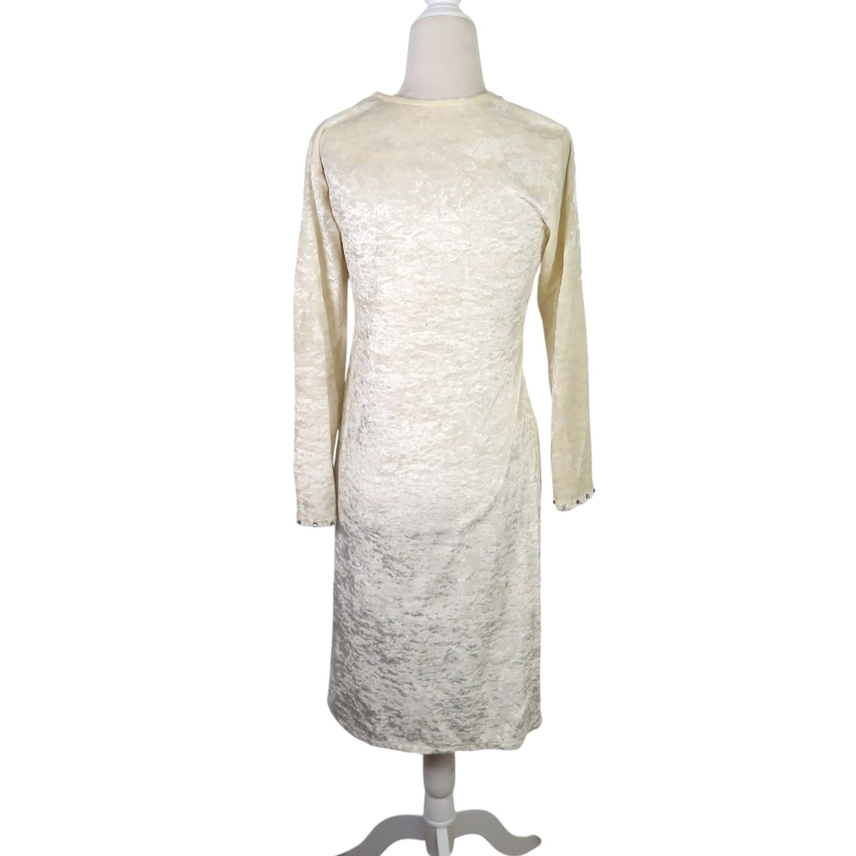 Vintage VINTAGE Cream Crushed Velvet Long Sleeve Midi Dress Rhinestone Trim Women's S Regular 37" A-Line Party/Cocktail, Fall Winter Spring Size S / US 4 / IT 40 - 4 Thumbnail