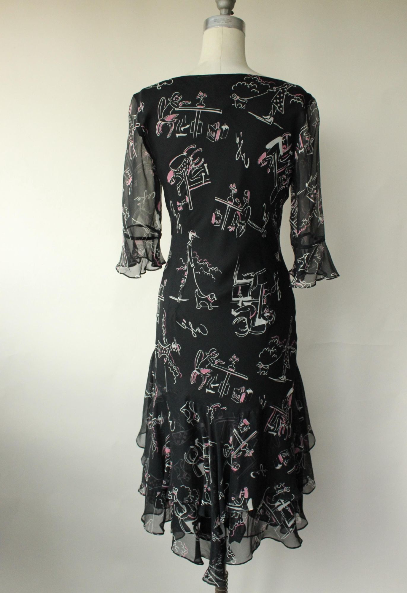 Vintage Vintage 1990s Dress, Ice Black Silk Cafe Print Frock, Does 1 Size M / US 6-8 / IT 42-44 - 9 Thumbnail