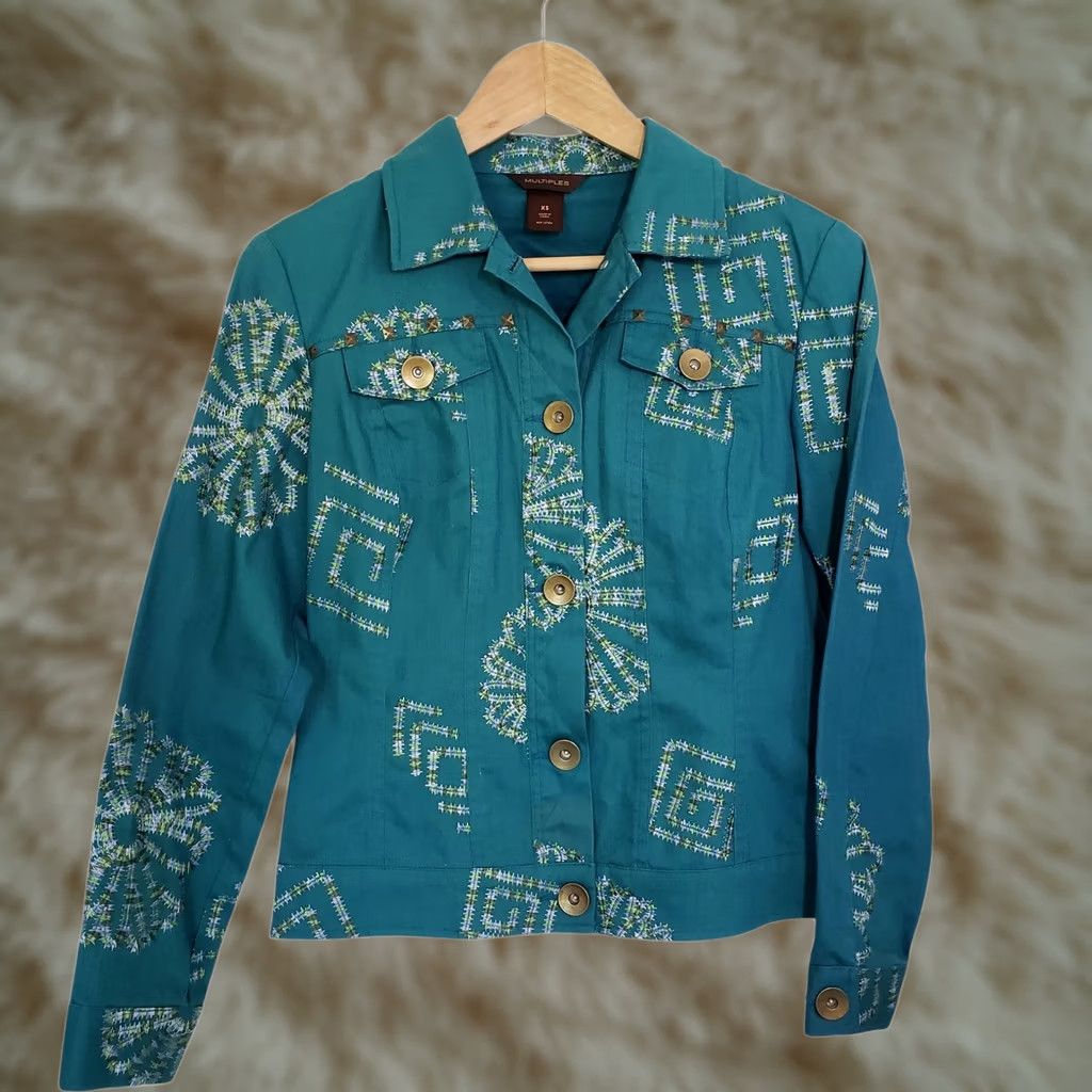 Vintage Multiples Embroidered Denim Jacket XS Turquoise Blue Size XS / US 0-2 / IT 36-38 - 1 Thumbnail