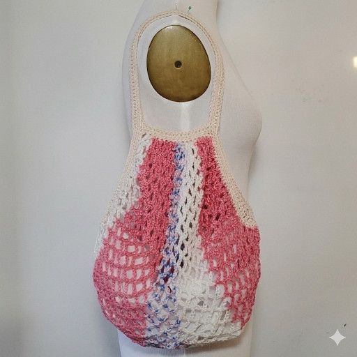 Handmade Farmers Market Bag Pink Handmade Crochet French Net Sack Size ONE SIZE - 3 Thumbnail