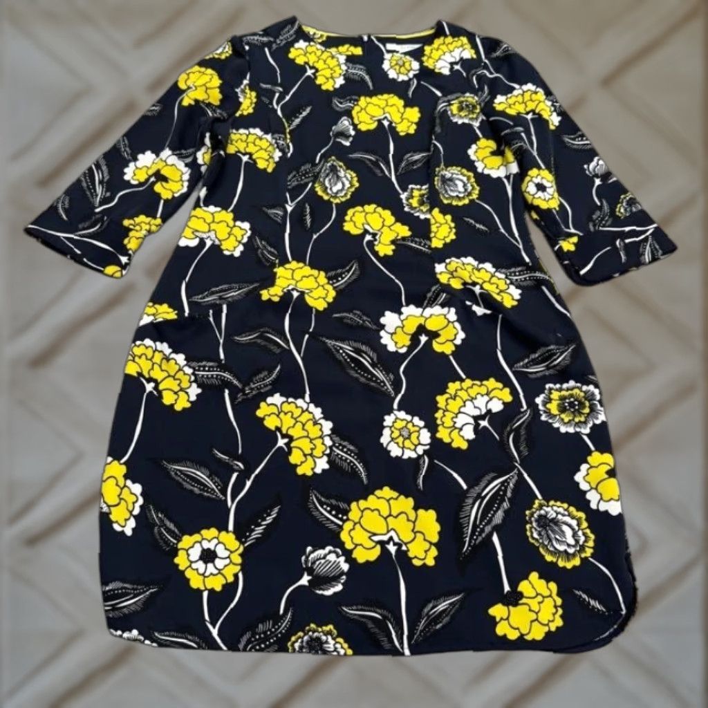 Boden Navy Blue Yellow Floral Midi Sheath Dress Womens US10R UK14R 3/4 Sleeve Floral Pattern Boho Office Workwear Casual Spring Summer Fall Womens