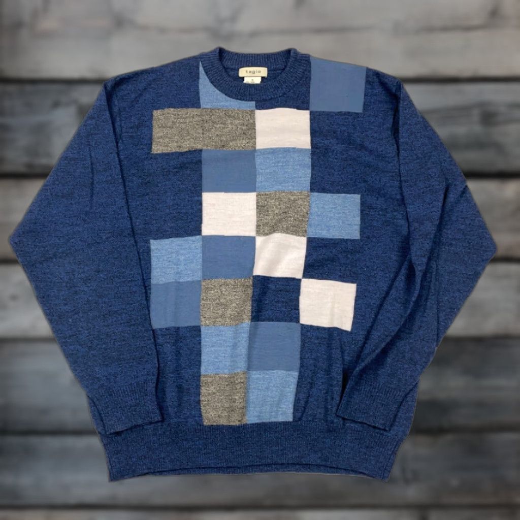 Vintage Tagio Blue Block Pattern Sweater Adult XL Lightweight Pullover Knit Retro Casual Mens Size US XL / EU 56 / 4 - 1 Thumbnail