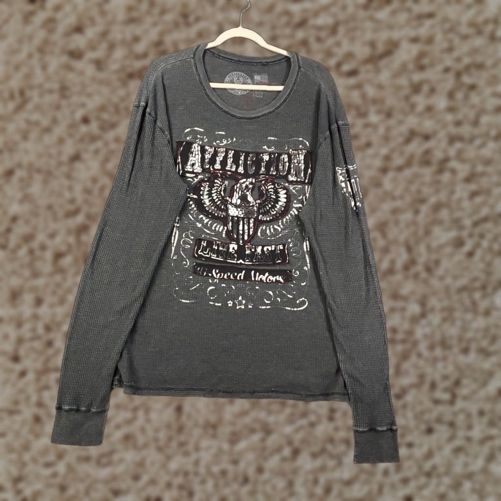 Affliction Affliction Shirt Mens 2XL Gray Waffle Knit Distressed Eagle Live Fast XXL Size US XXL / EU 58 / 5 - 1 Thumbnail