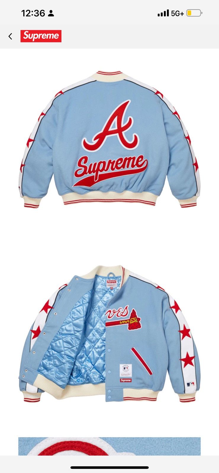 Mitchell & Ness × Supreme Altanta Braves Supreme Varsity Jacket Size US L / EU 52-54 / 3 - 6 Thumbnail