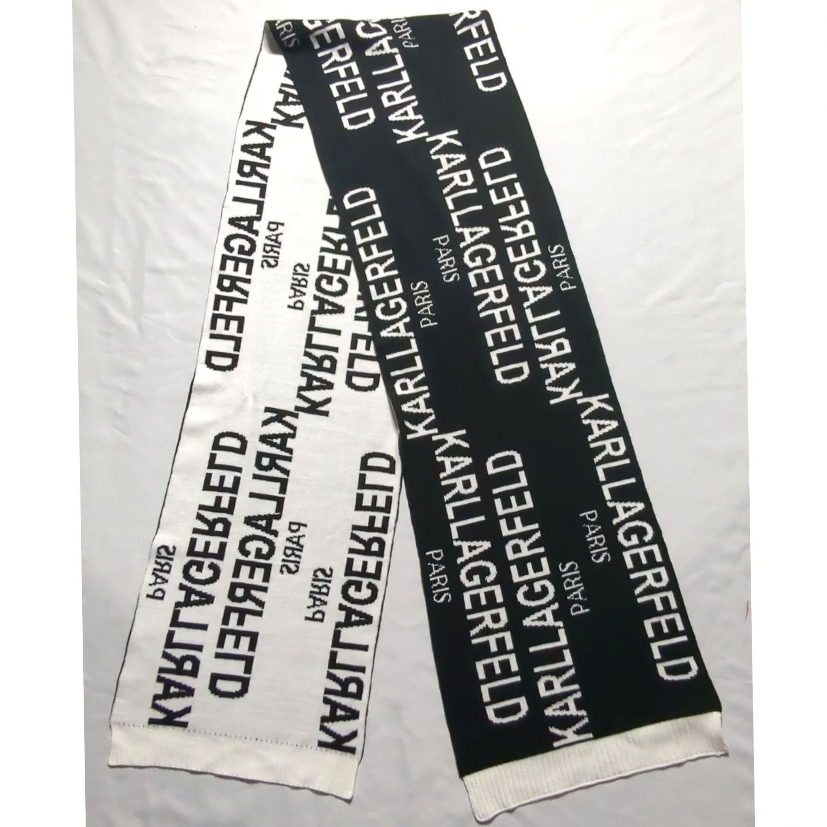 Karl Lagerfeld Karl Lagerfeld Paris Scarf Black White Logo Knit Acrylic Reversible 70x10 EUC Size ONE SIZE - 3 Thumbnail