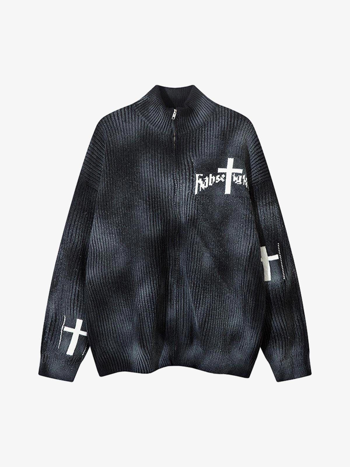 Ribbed Knit Dirty Dyed Embroidery Cross Sweater