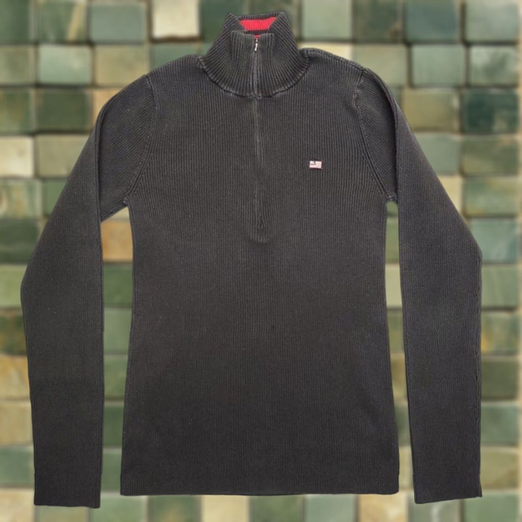Ralph Lauren VINTAGE Ralph Lauren Polo Jeans Sweater Womens M 1/4 Zip Ribbed Stretch Black Cardigan Knit Cotton Blend All Seasons Pockets Solid Casual Womens Size M / US 6-8 / IT 42-44 - 1 Thumbnail