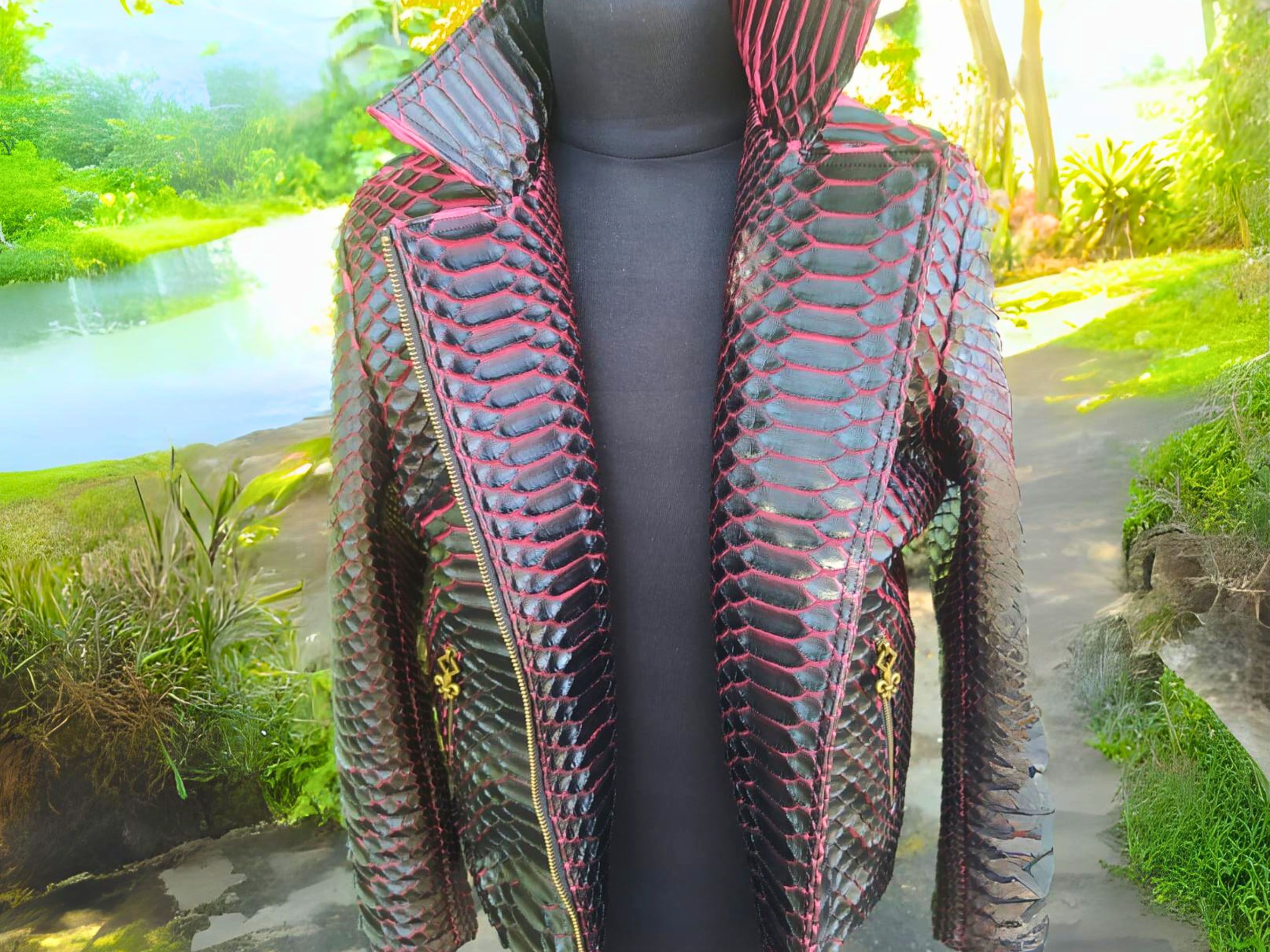 Handmade Snakeskin Motorcycle Leather Jacket with Red Gradation Size US XL / EU 56 / 4 - 1 Thumbnail