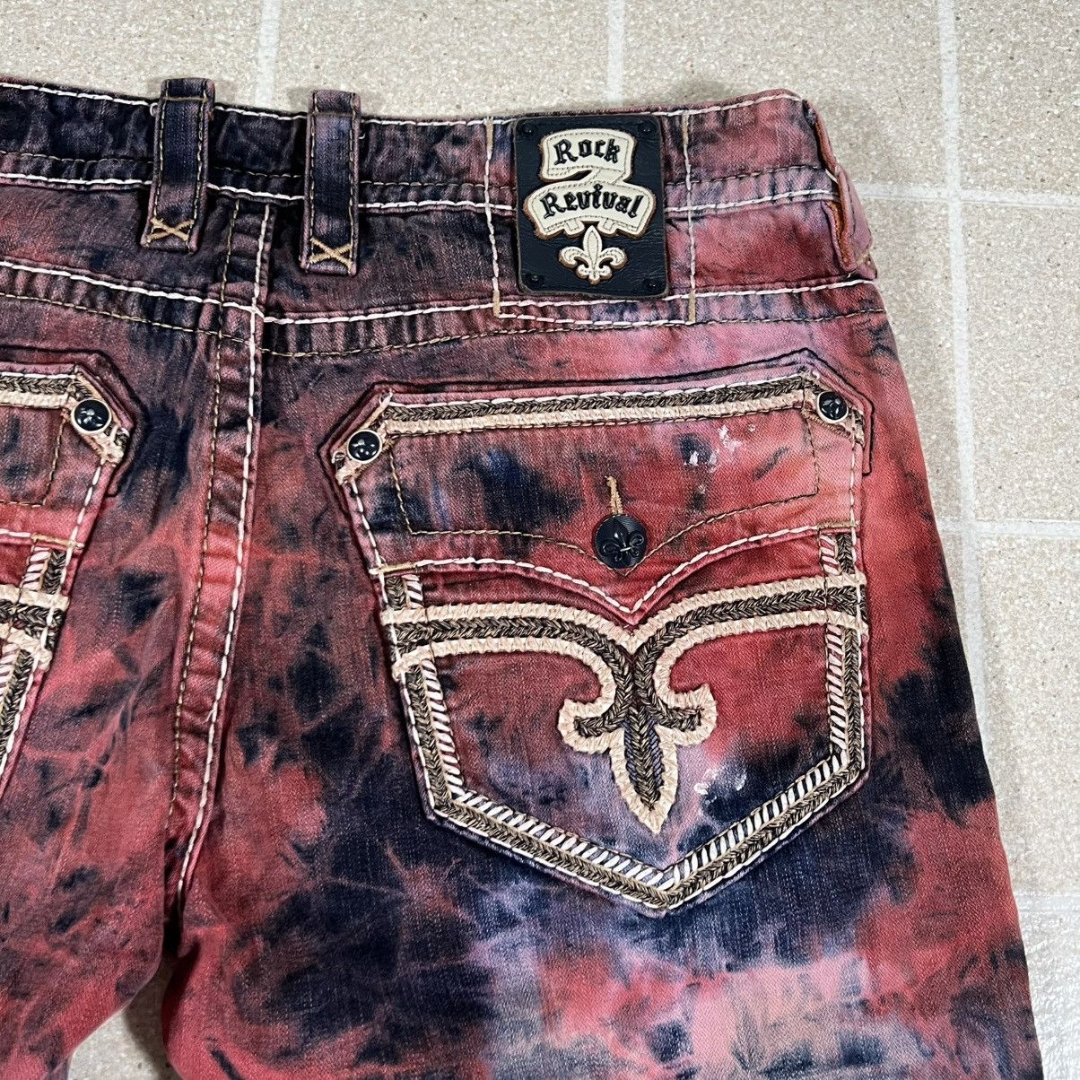 Rock Revival Rock Revival Dan Straight Jeans 38x32 Red Blue Tie Dye Pants Size US 38 / EU 54 - 3 Thumbnail