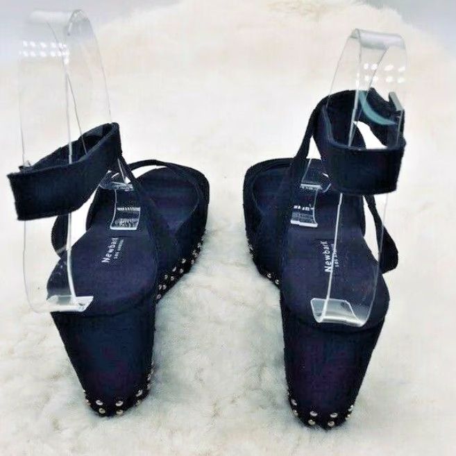 Vintage VINTAGE NewbarK Maggie Wedge Platform Wrap Strap Black Suede Studded Size 7M Womens Open Toe Heel 4" Buckle Closure Platform Shoes Size US 7 / IT 37 - 5 Thumbnail