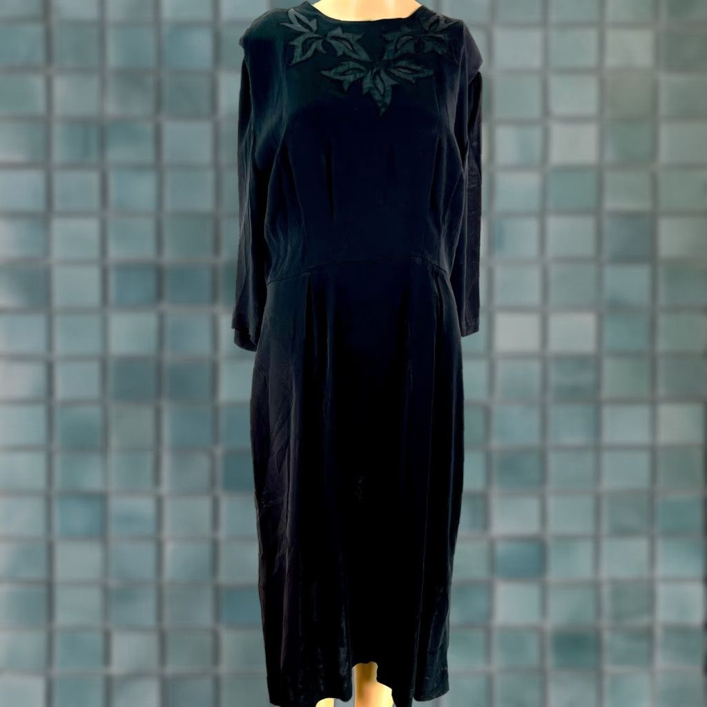Vintage VINTAGE Floral A-Line Midi Dress Black Long Sleeve Crew Neck Back Zipper Size Large Women Size L / US 10 / IT 46 - 1 Thumbnail