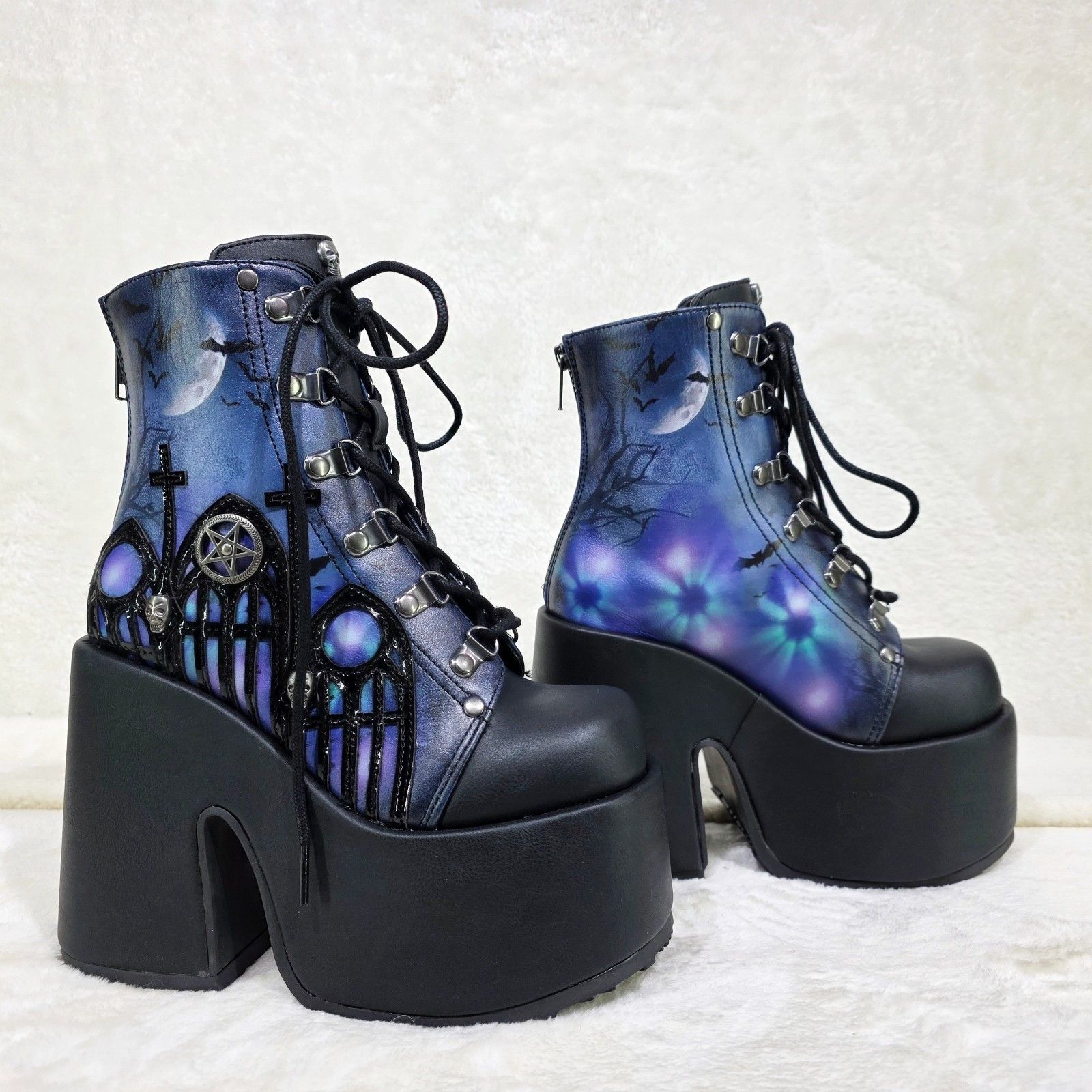 Other Camel 203 Moonlit Graveyard Print Platform Goth Ankle Boots Size US 12 / IT 42 - 5 Thumbnail