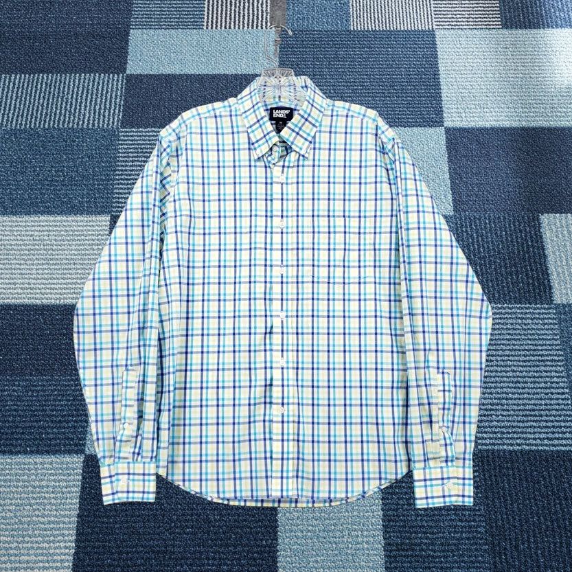 Lands' End Lands' End Button-Up Shirt Men M Medium Blue Plaid 15.5 Comfort First Modern Regular Fit Size US L / EU 52-54 / 3 - 1 Thumbnail