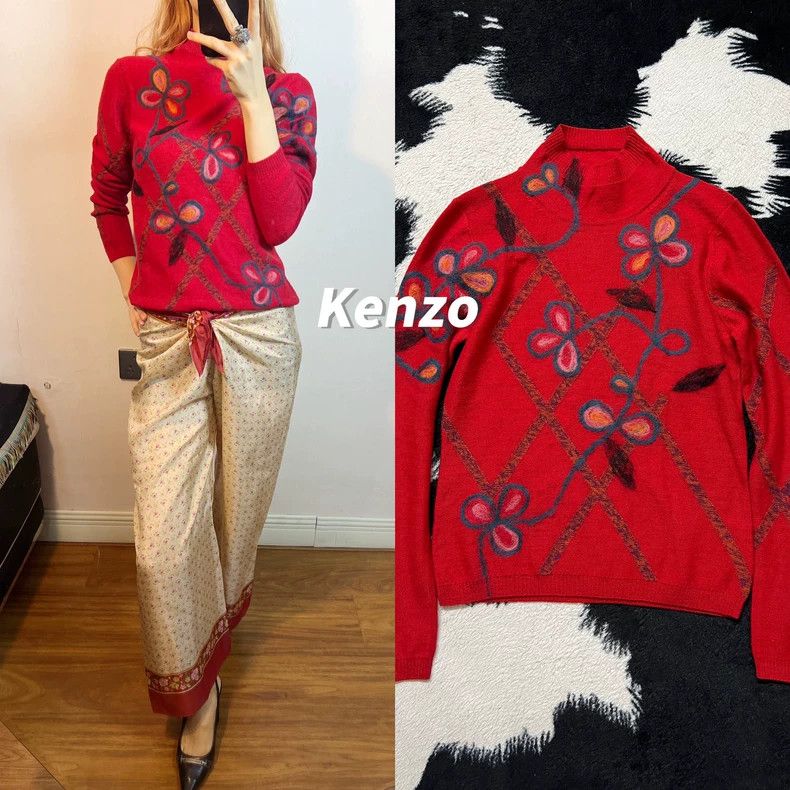 Kenzo KENZO 3D Embroidered Flower Wool Top 100% Wool Size L / US 10 / IT 46 - 1 Thumbnail