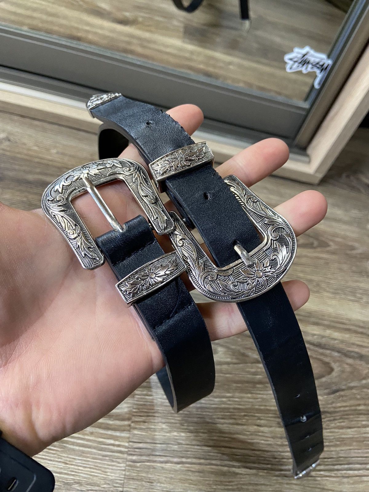 Pre-owned Hysteric Glamour X Vintage Crazy Two Buckle Carved Vintage Y2k Leather Belt In Black